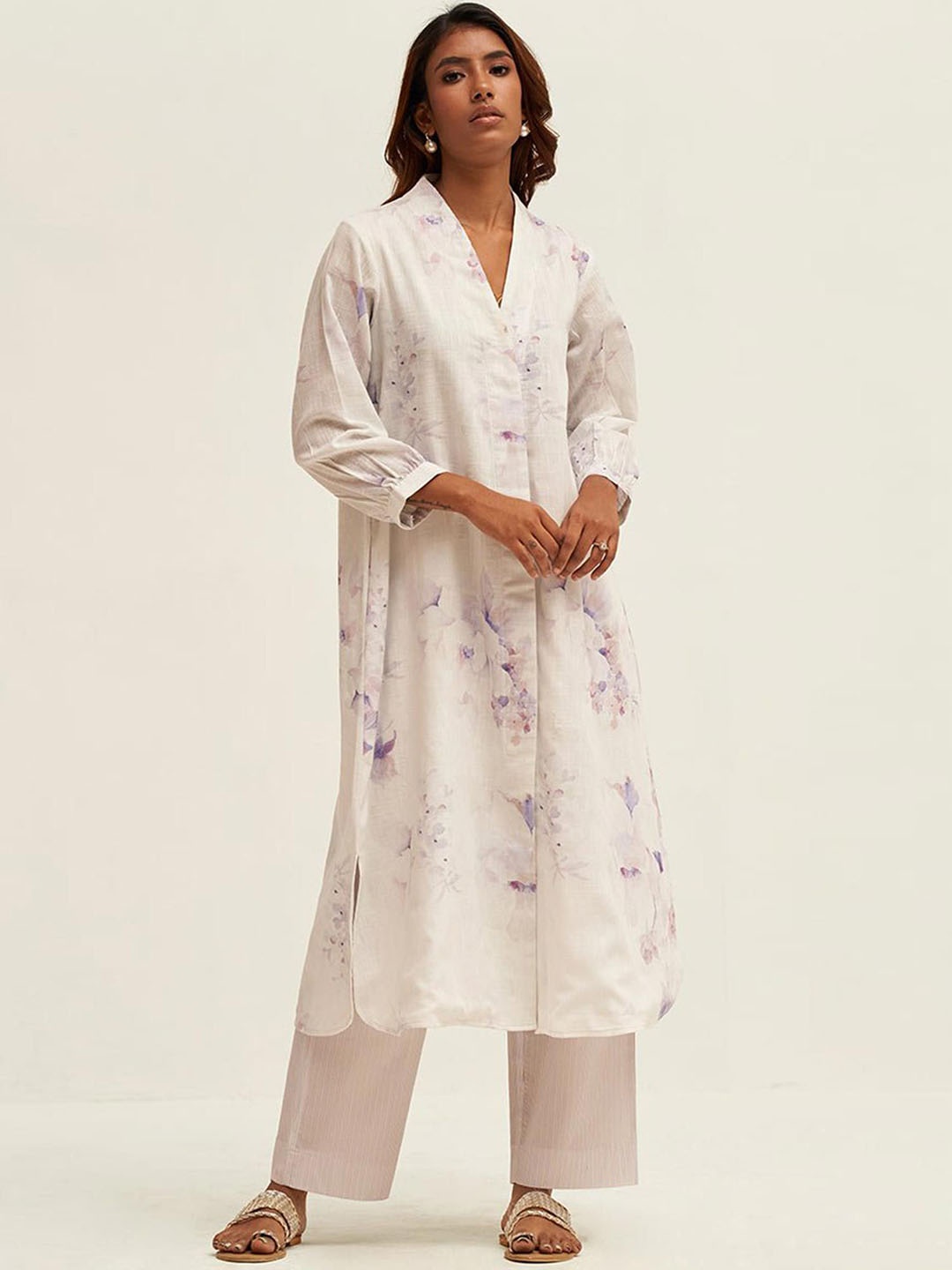 

Ganga Lily Floral Printed Pure Cotton Tunic & Trouser, White