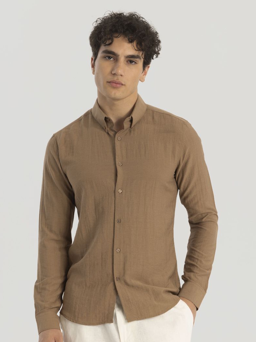 

Snitch Men Smart Button-Down Collar Solid Linen Slim Fit Casual Shirt, Brown