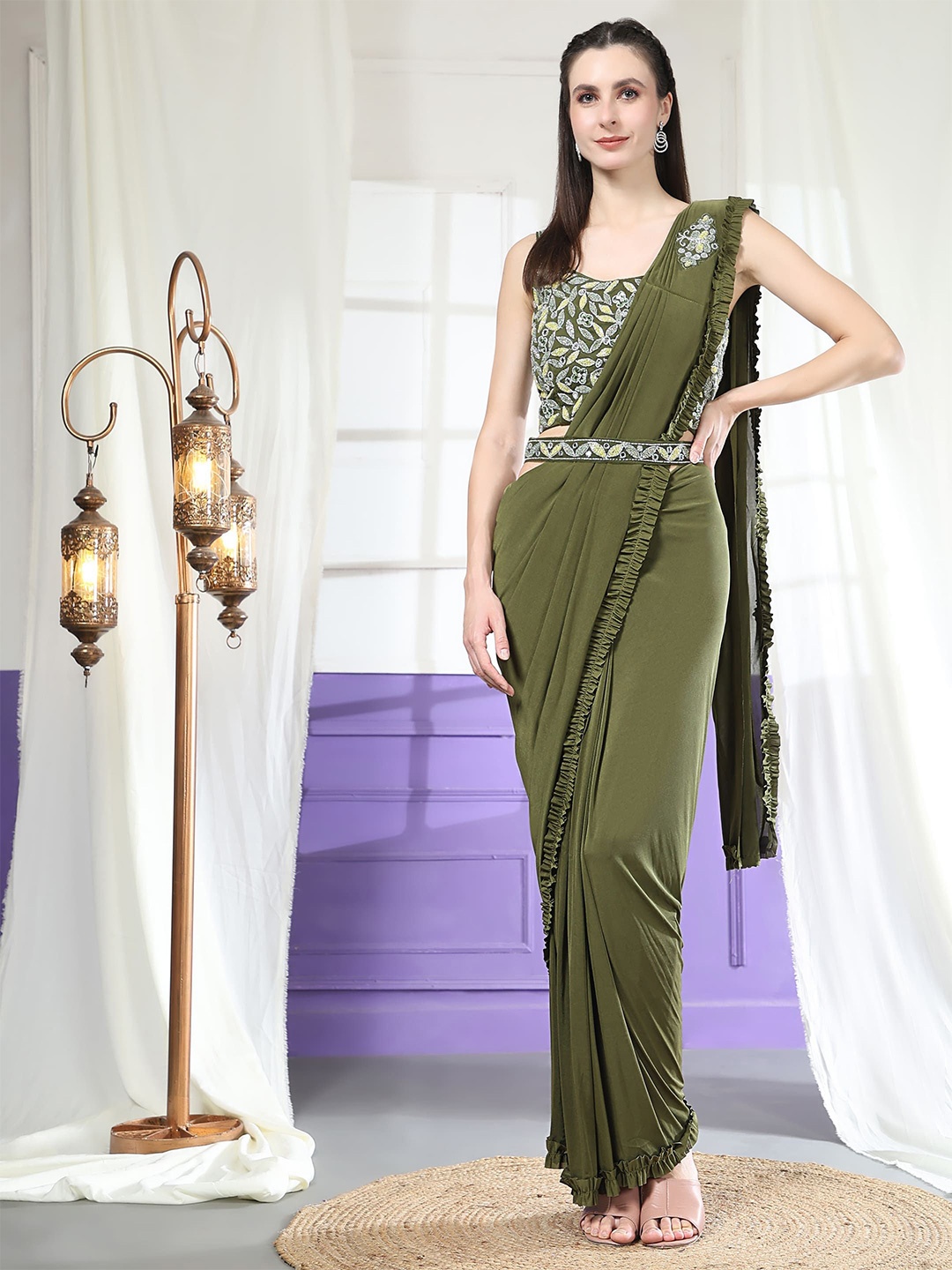 

AMOHA TRENDZ Embellished Beads and Stones Ready to Wear Saree, Olive