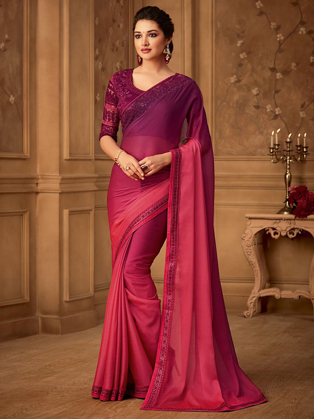 

Mitera Ombre Beads and Stones Pure Chiffon Celebrity Saree, Magenta