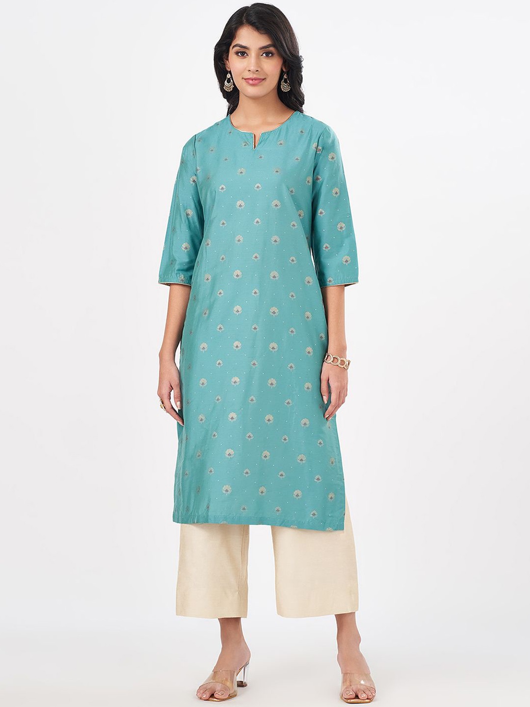 

RANGMANCH BY PANTALOONS Women Geometric Flared Sleeves Kurta, Green