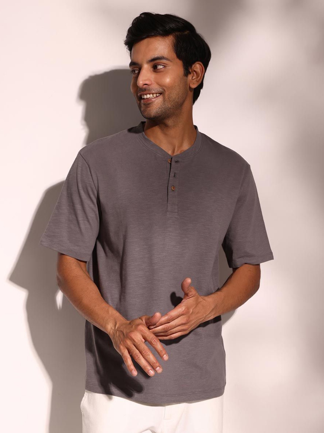 

Fabindia Men Solid Henley Neck Cotton Relaxed Fit T-shirt, Grey