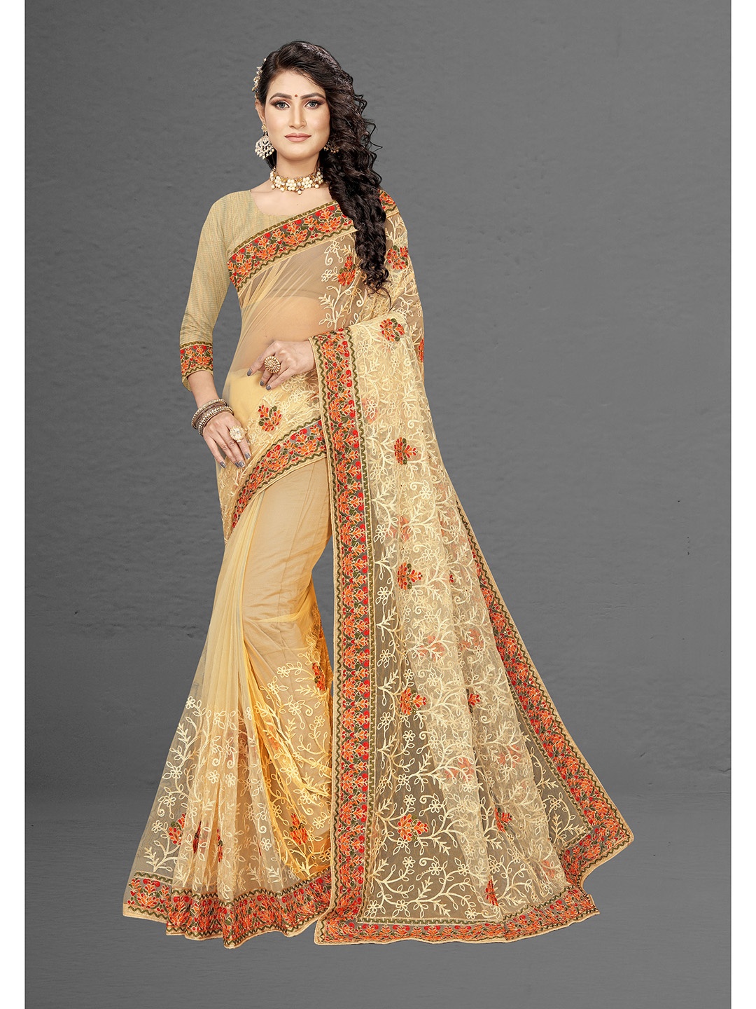 

Maroosh Floral Beads and Stones Embellished Net Saree, Beige