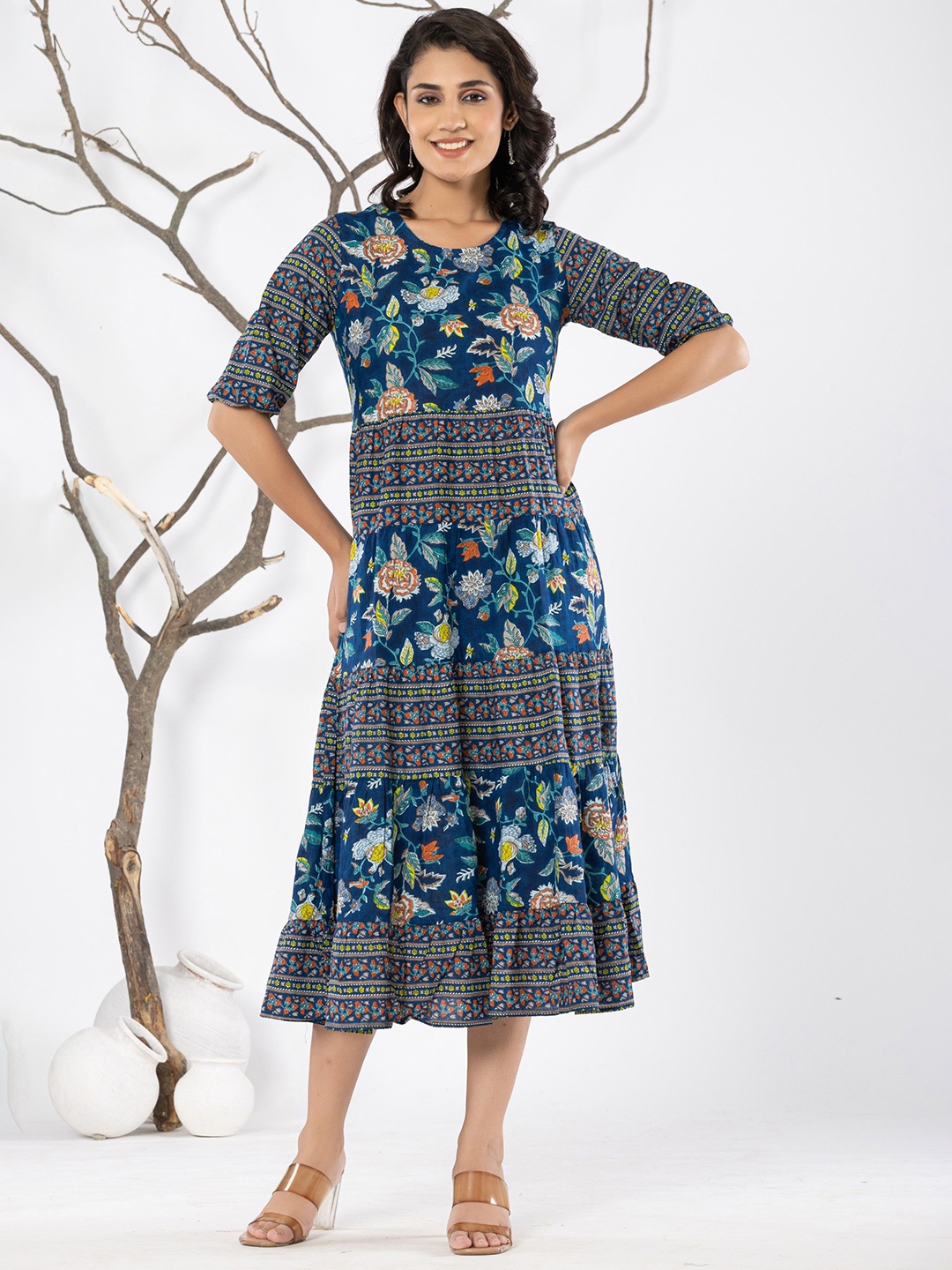 

JAIPURI BUNAAI Embellished Print Applique Midi Dress, Blue