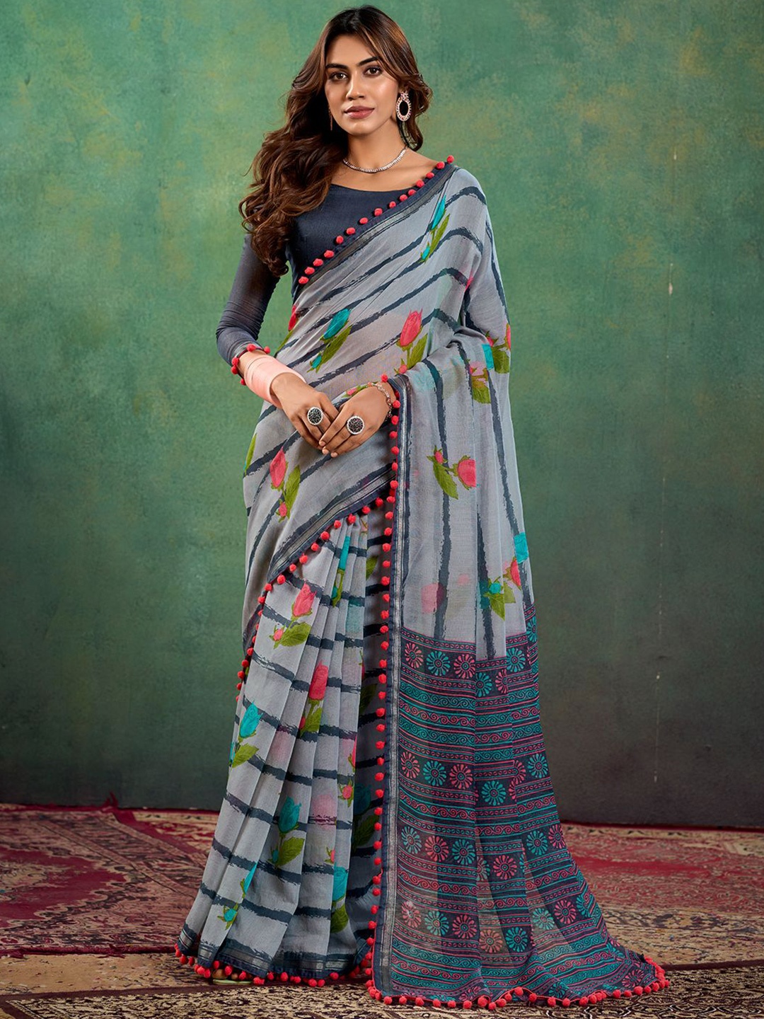 

Panzora Floral Printed Festive Wear Saree, Grey