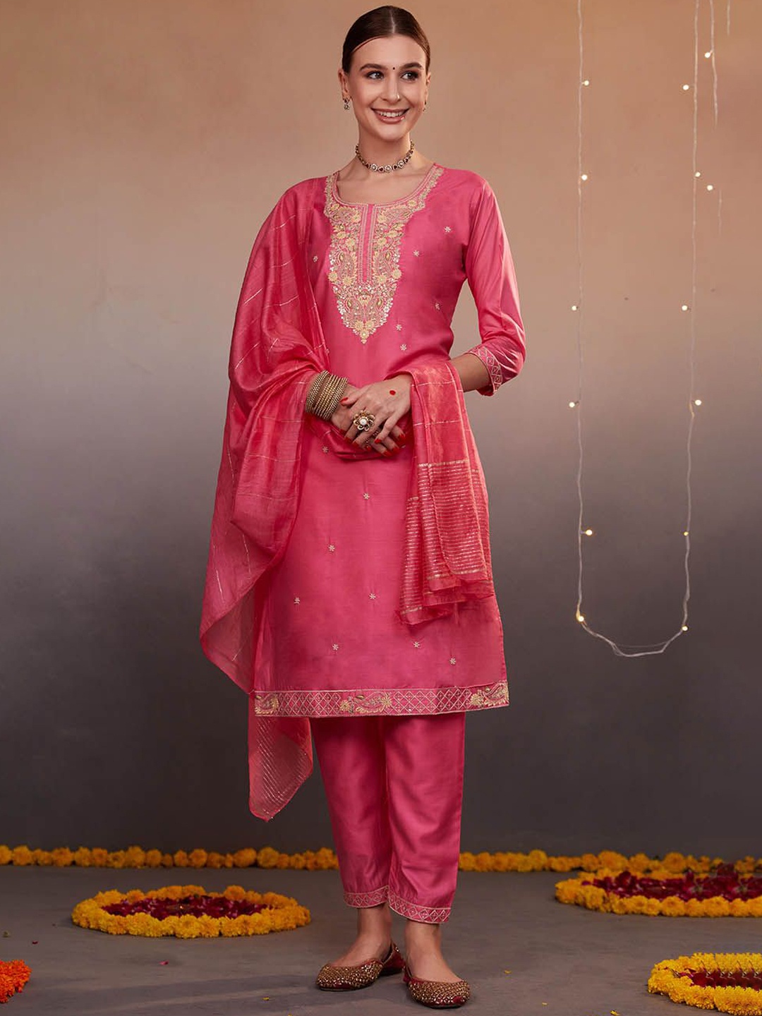

KALINI Women Ethnic Motif Embroidered Kurta with Trousers & With Dupatta, Pink