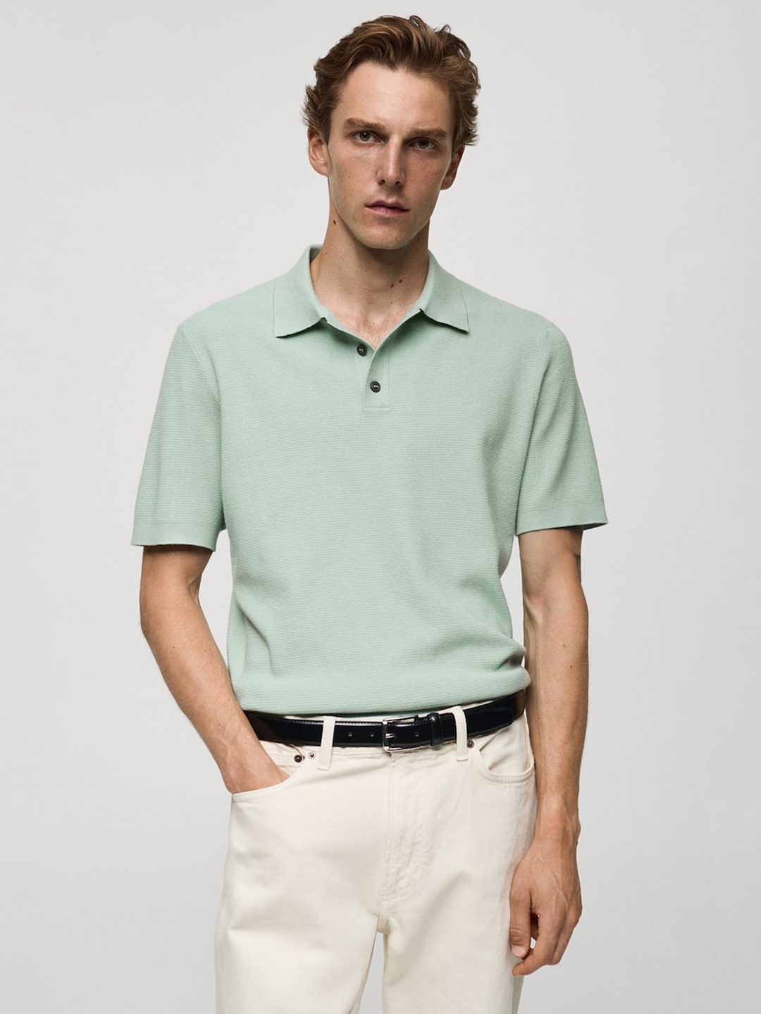 

MANGO MAN Structured Fine Knit Polo T-shirt, Sea green