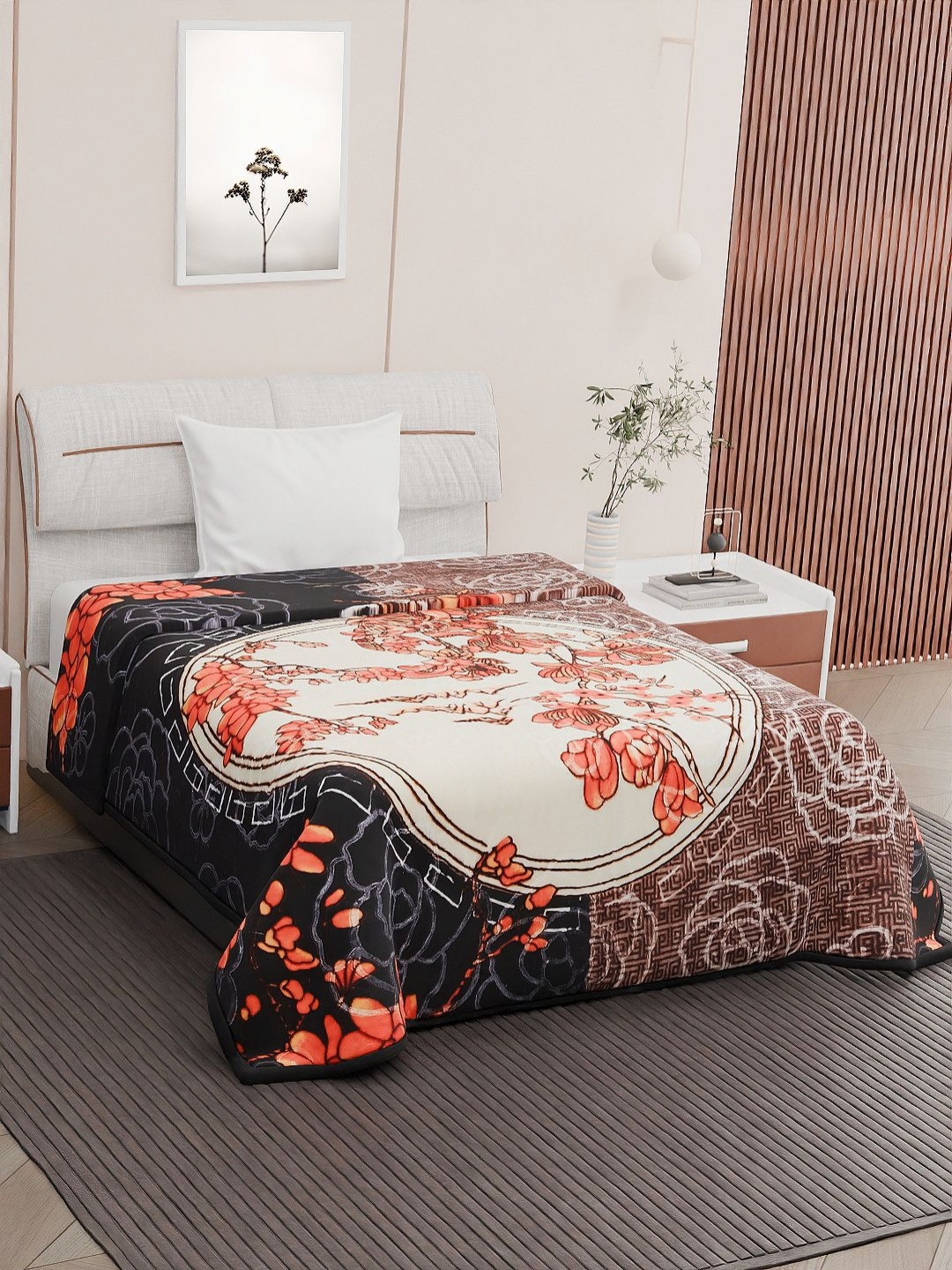 

Nivasam Cream-Coloured & Grey Floral Mink Heavy Winter Single Bed Blanket