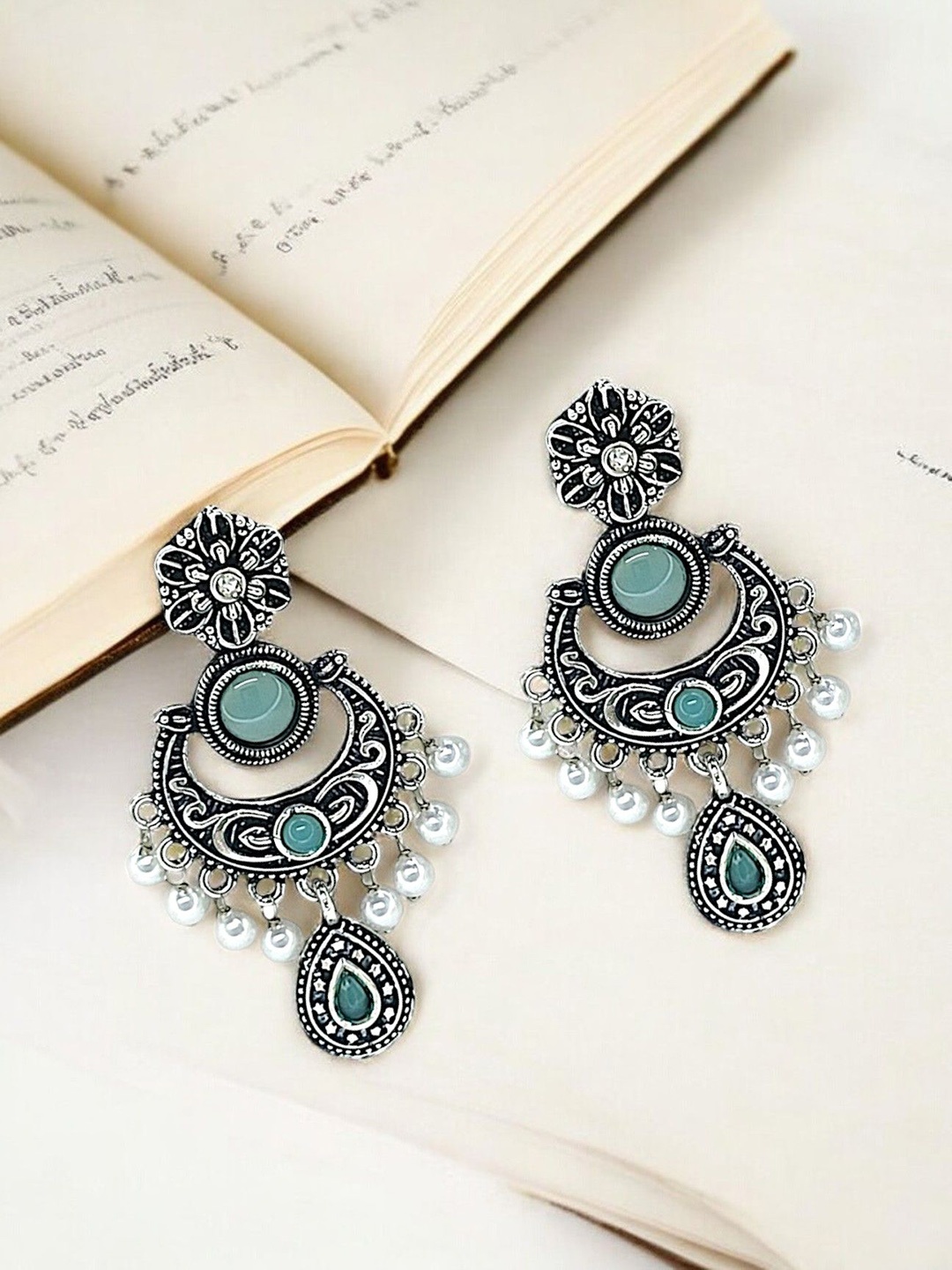 

9blings Silver Plated Artificial Stones & Beads Studded Crescent Shaped Drop Earrings
