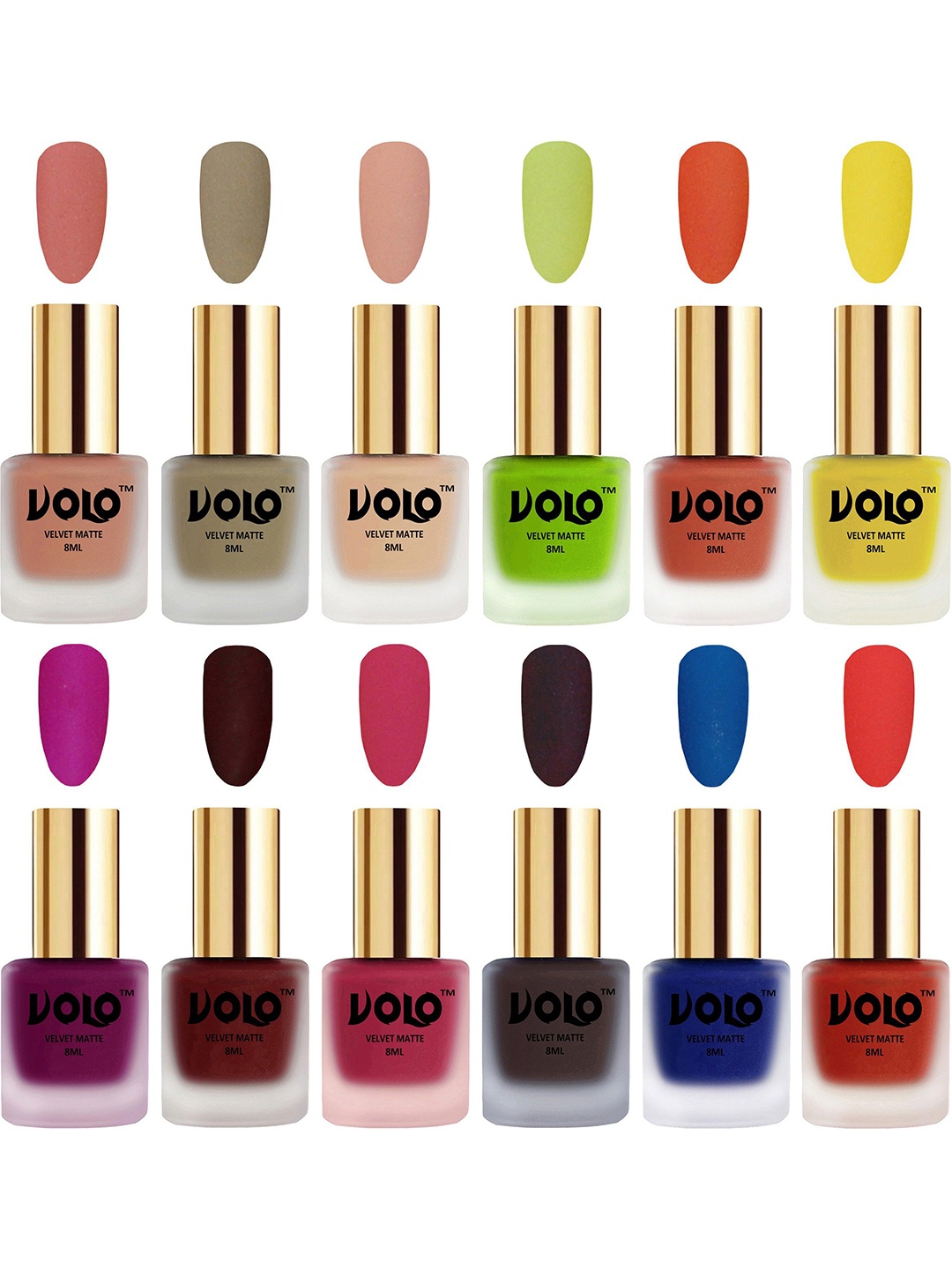 

VOLO Set Of 12 Velvet Matte Nail Polish - 8 ml Each -Magenta-Coral-Nude-Peach-Maroon-Blue