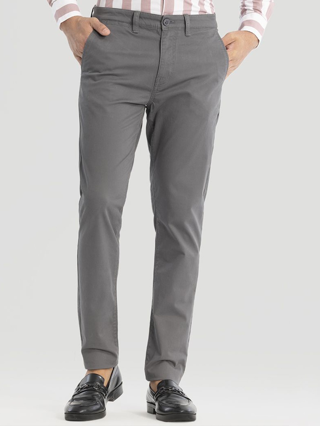 

Snitch Men Smart Slim Fit Cotton Chinos Trousers, Charcoal