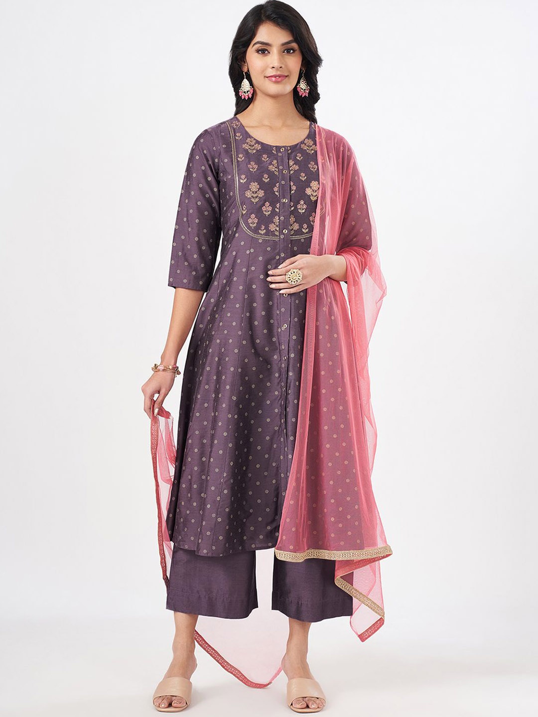 

RANGMANCH BY PANTALOONS Women Embroidered Floral Kurta with Trousers Dupatta, Purple