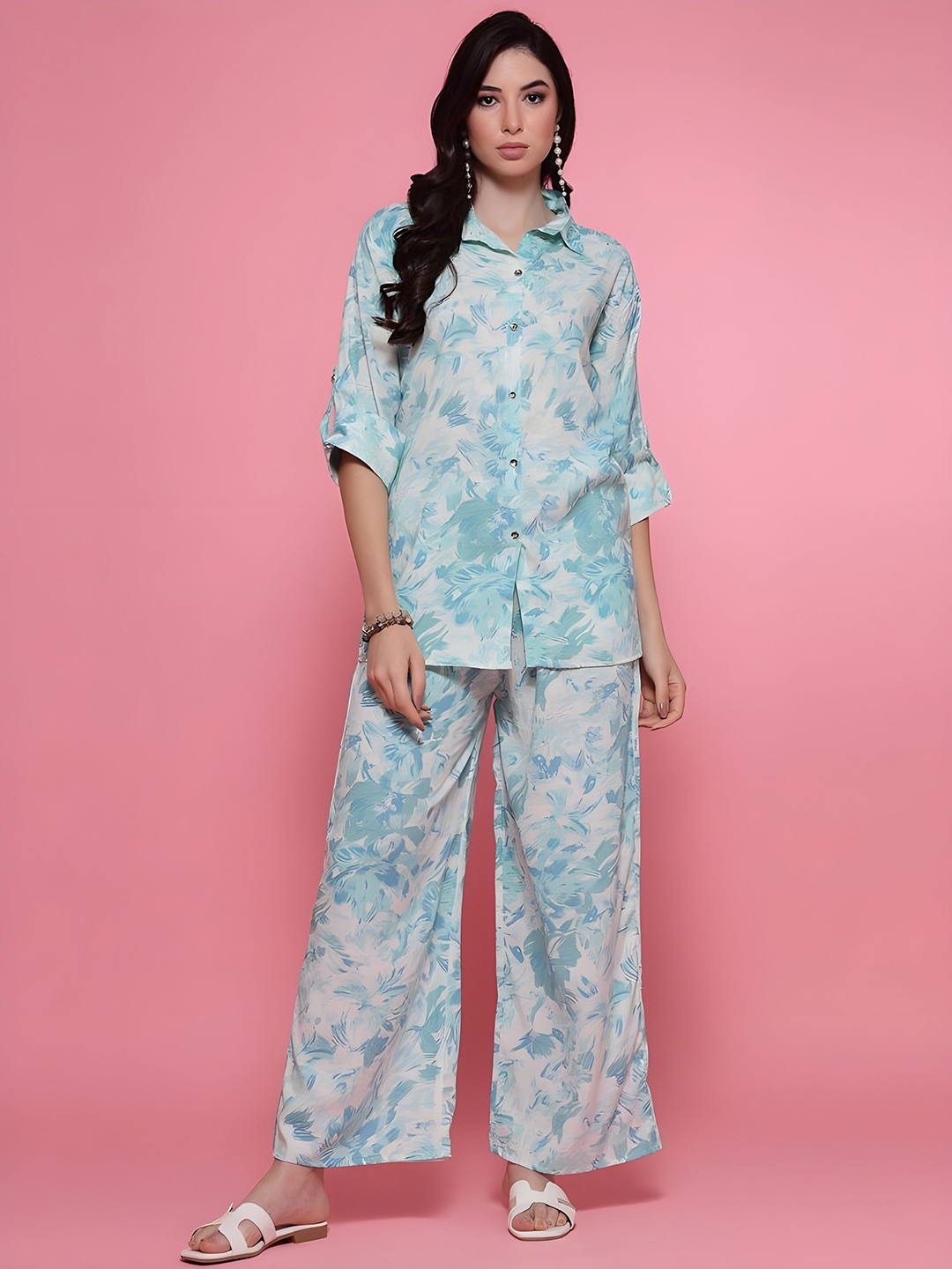 

NIJANAND TEXTILE Printed Pure Cotton Shirt & Trousers Co-Ord, Blue