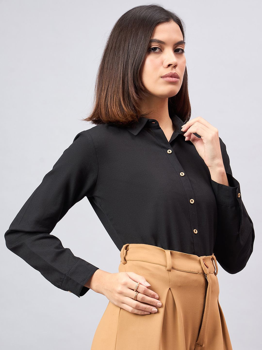 

Style Quotient Women Smart Spread Collar Solid Cotton Formal Shirt, Black