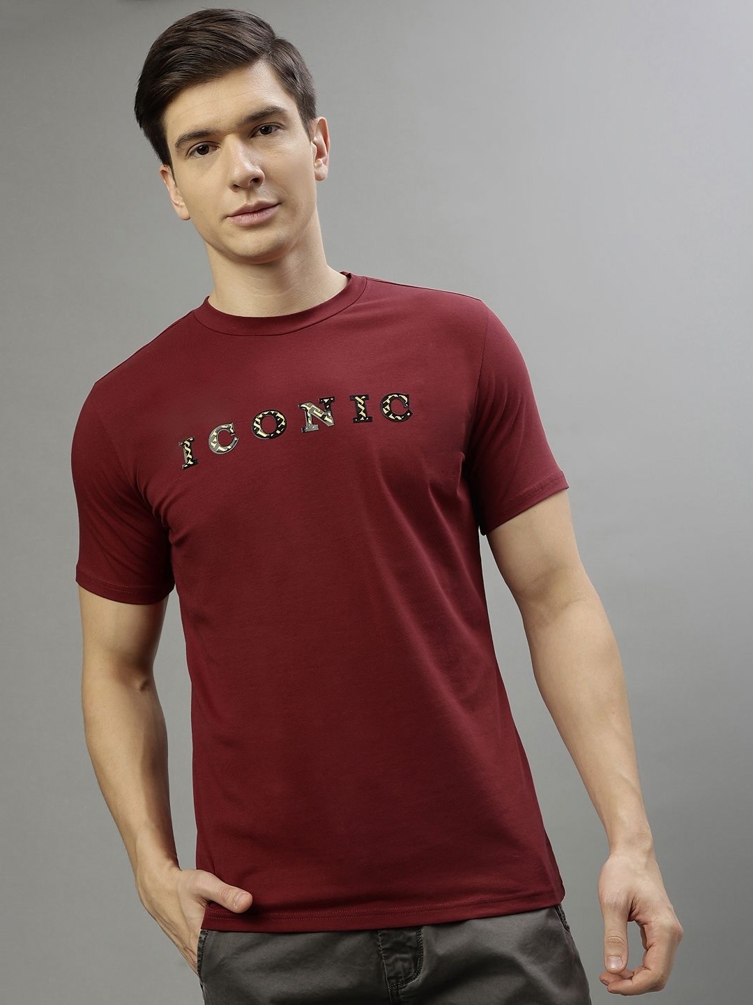 

Iconic Men Typography Printed Round Neck Cotton T-shirt, Maroon