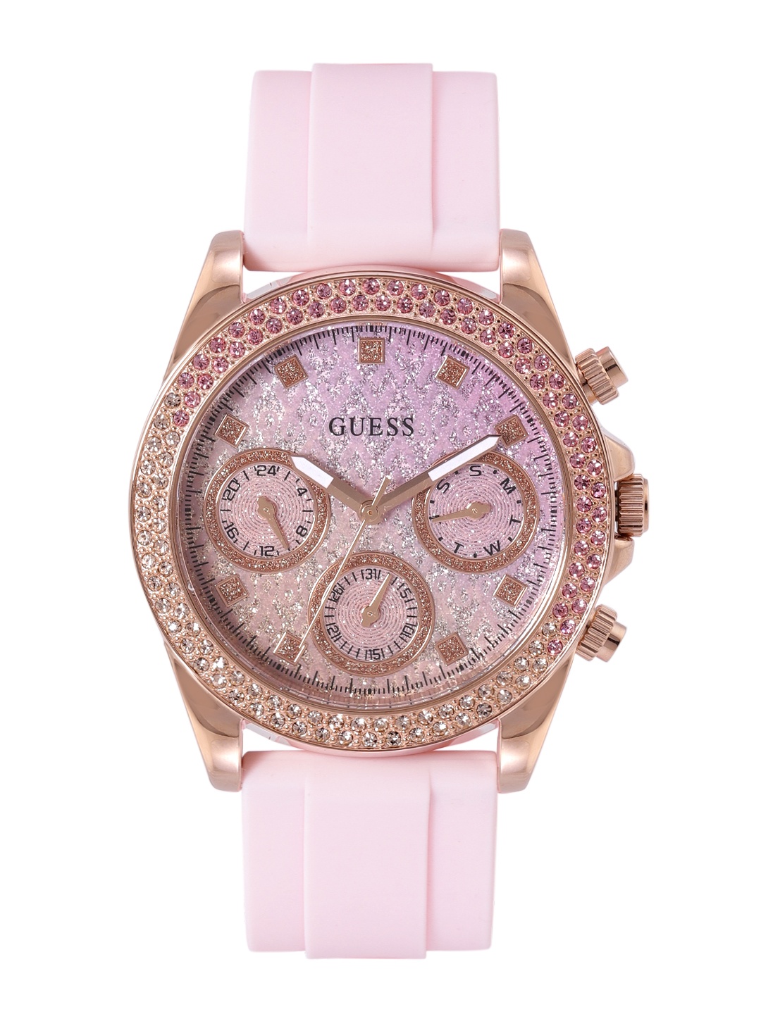 

GUESS Women Dress Sparkling Embellished Multifunction Analogue Watch GW0032L4, Pink