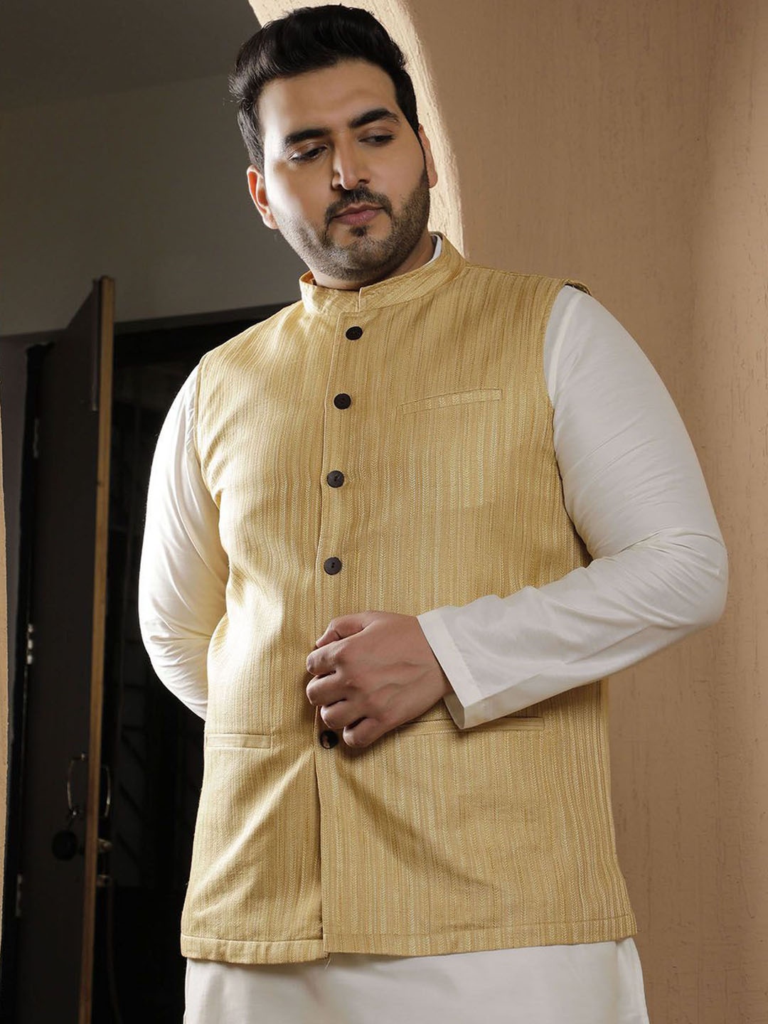 

Sztori Woven Design Nehru Jacket, Cream