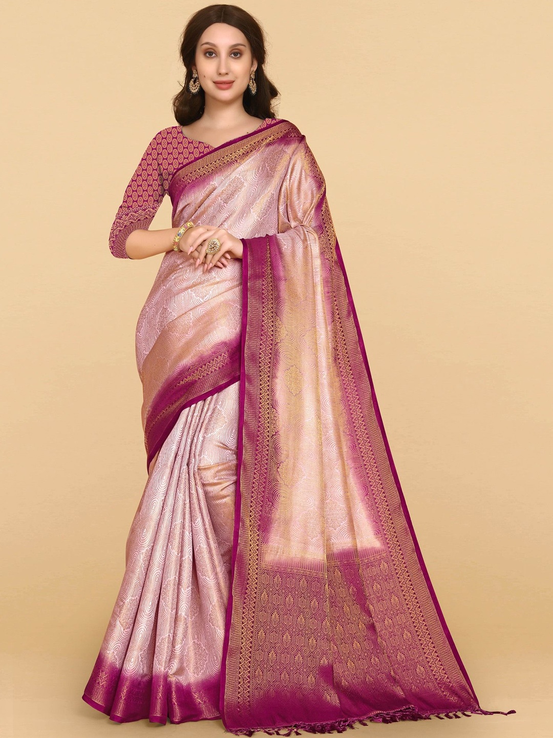 

HANDSEL Ethnic Motifs Woven Design Zari Pure Silk Banarasi Saree, Pink