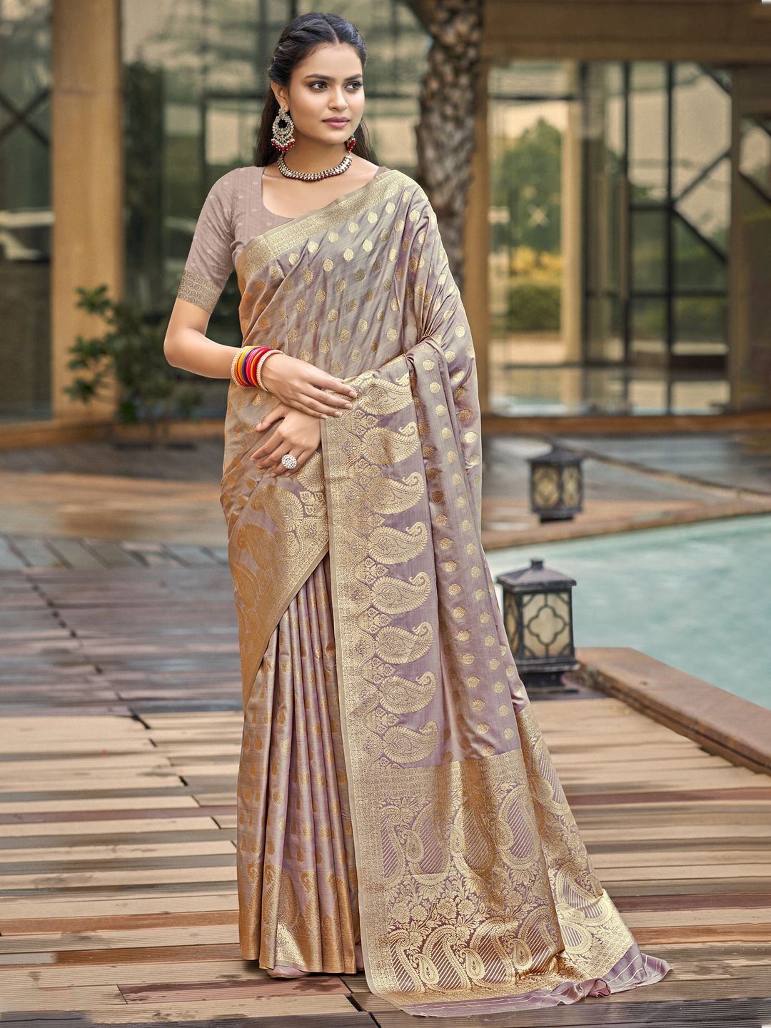 

SANGAM PRINTS Woven Design Zari Tussar Saree, Grey
