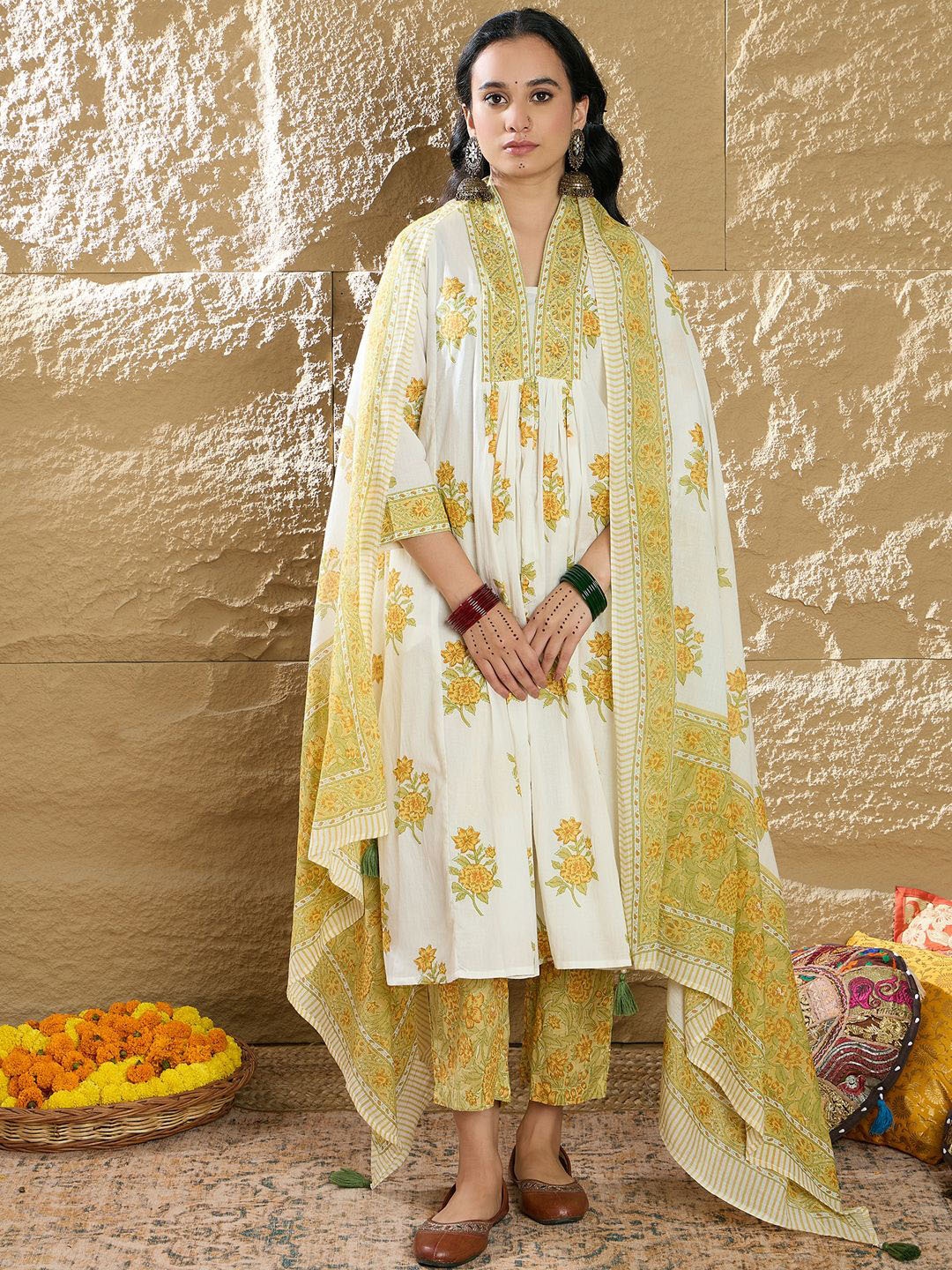 

Indo Era Women Floral Printed Pleated Pure Cotton Kurta with Trousers & Dupatta, White
