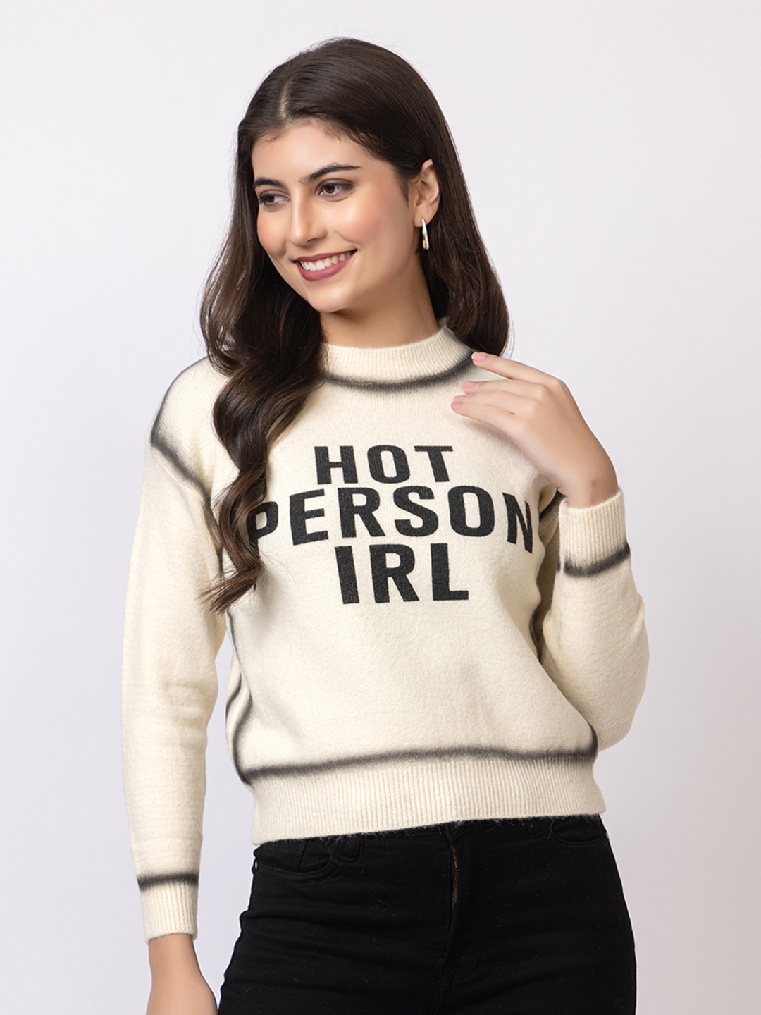 

GFO Women Typography Printed Round Neck Sweaters, Cream