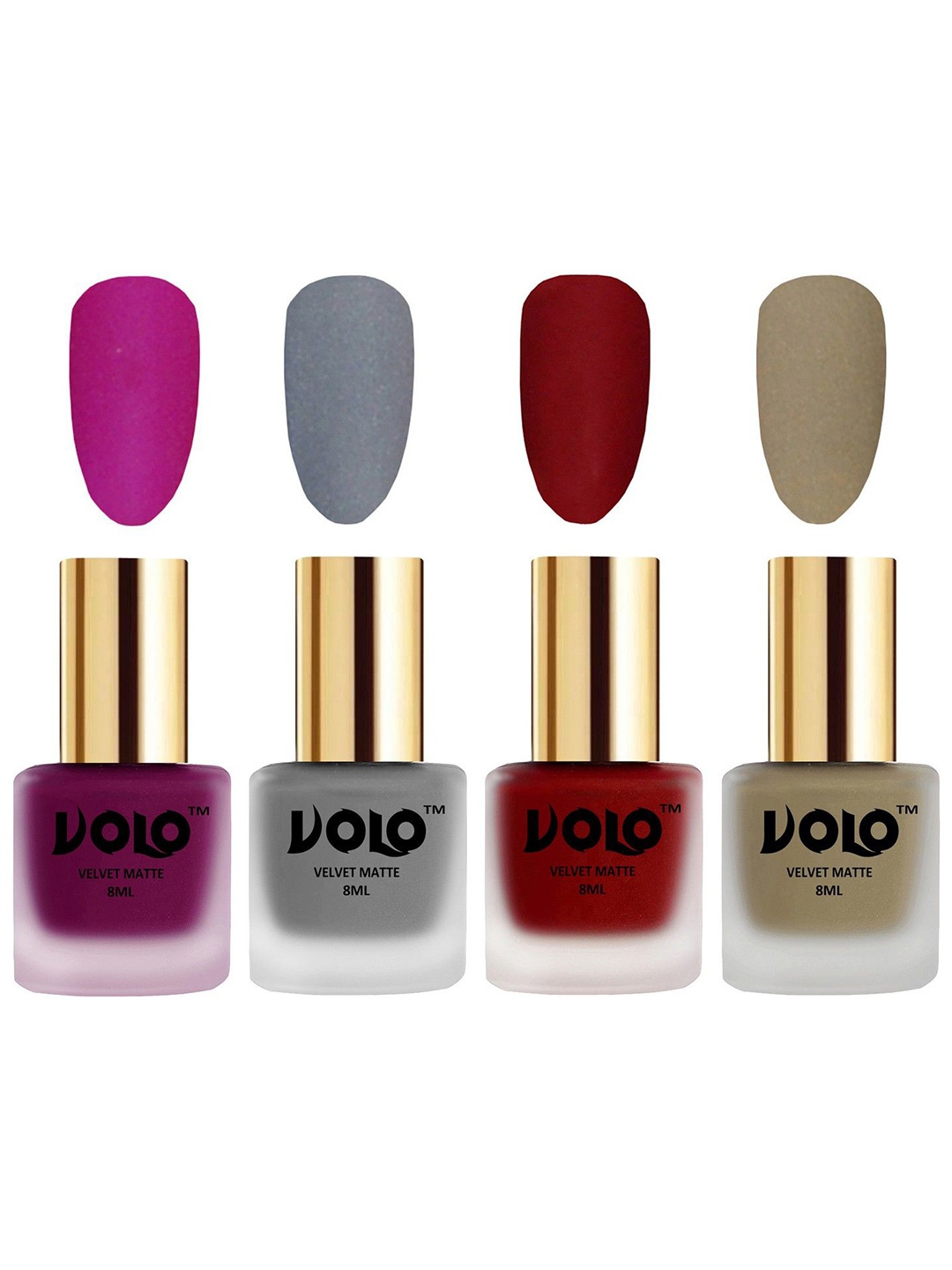 

VOLO Set Of 4 Velvet Matte Nail Polish - 8 ml Each - Magenta-Tomato Red-Sand Nude-Grey