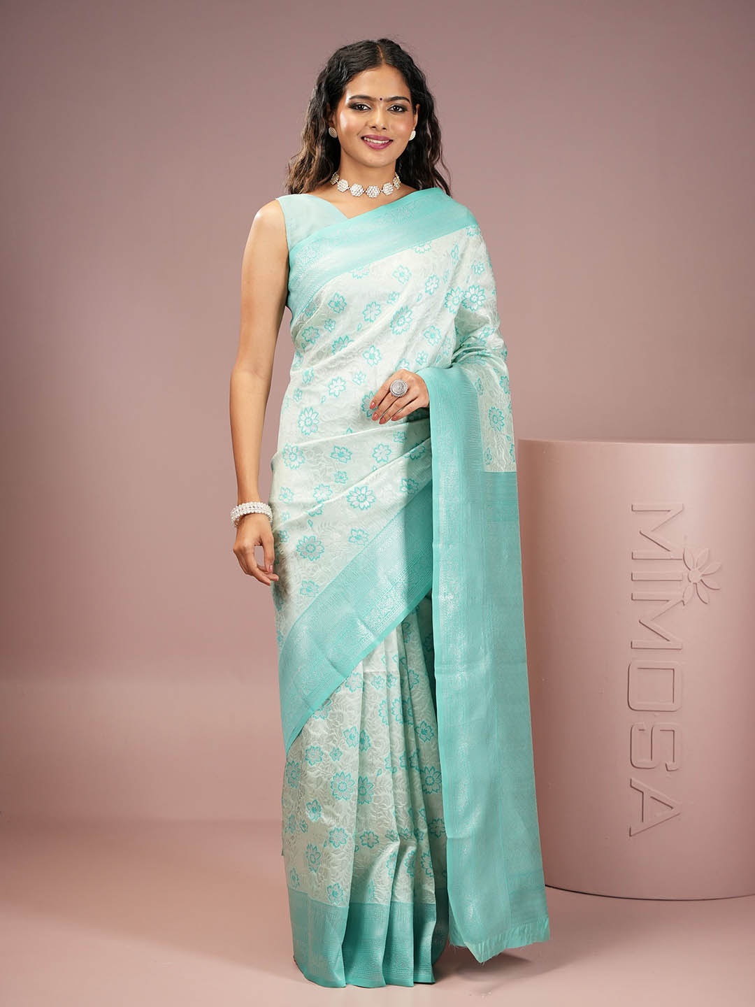 

MIMOSA Woven Design Floral Zari Kanjeevaram Saree, Turquoise blue