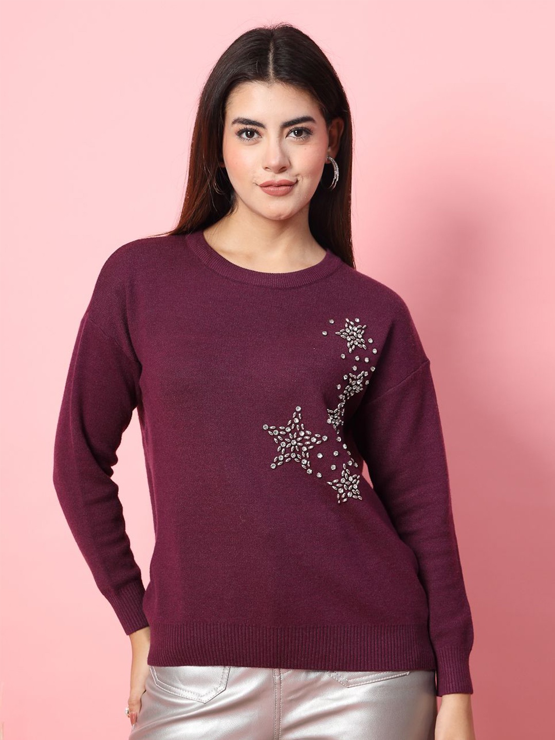 

Mafadeny Women Embellished Round Neck Top, Purple