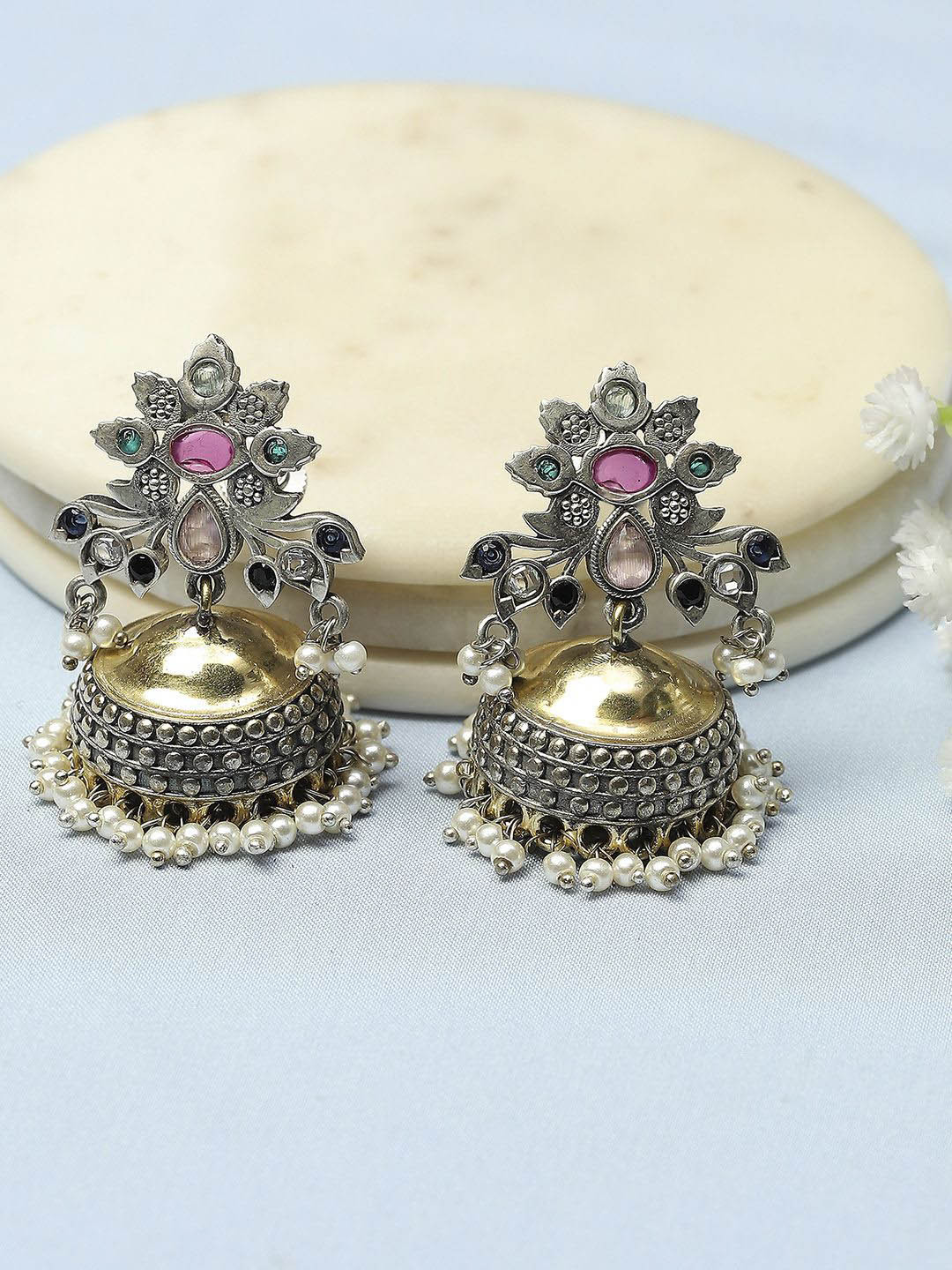 

Biba Stone Studded & Beaded Dome Shaped Oxidised Jhumkas, Gold
