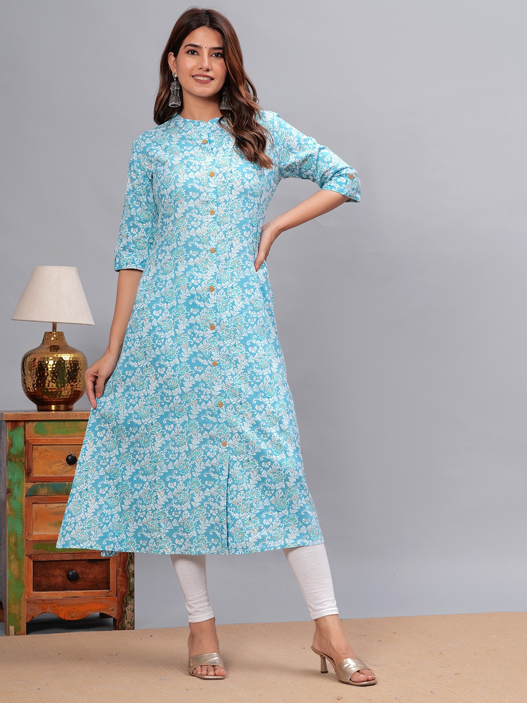 

KALINI Printed A-Line Kurta, Turquoise blue