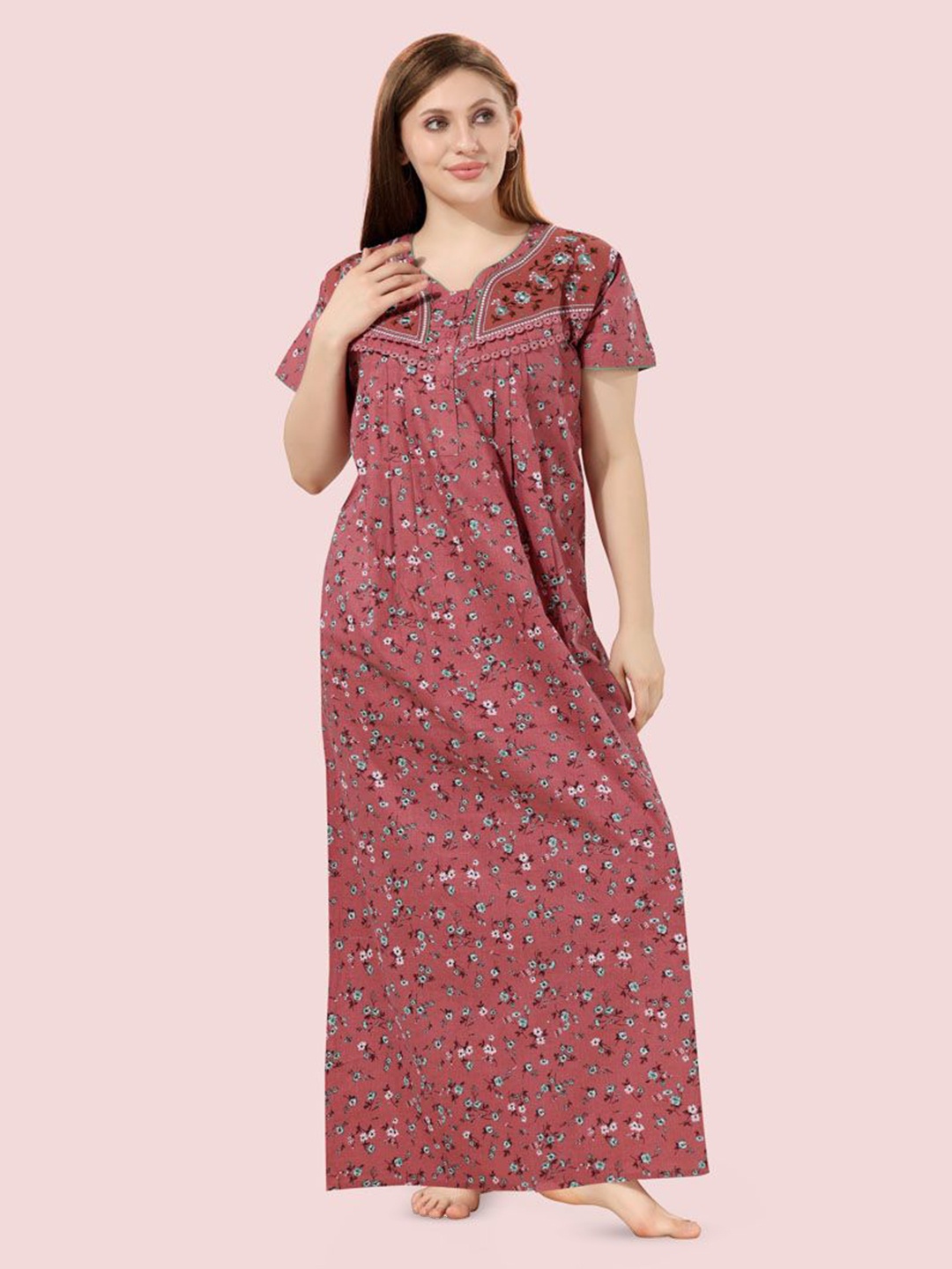 

Soulemo Pure Cotton Floral Printed Maxi Nightdress, Brown