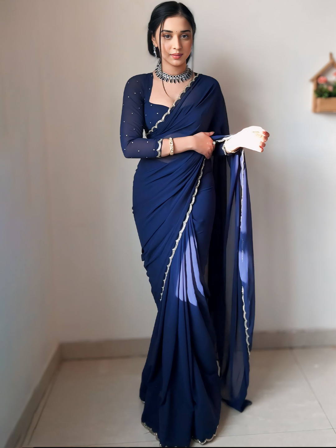

TIEXA Beads and Stones Pure Georgette Solid Saree, Blue