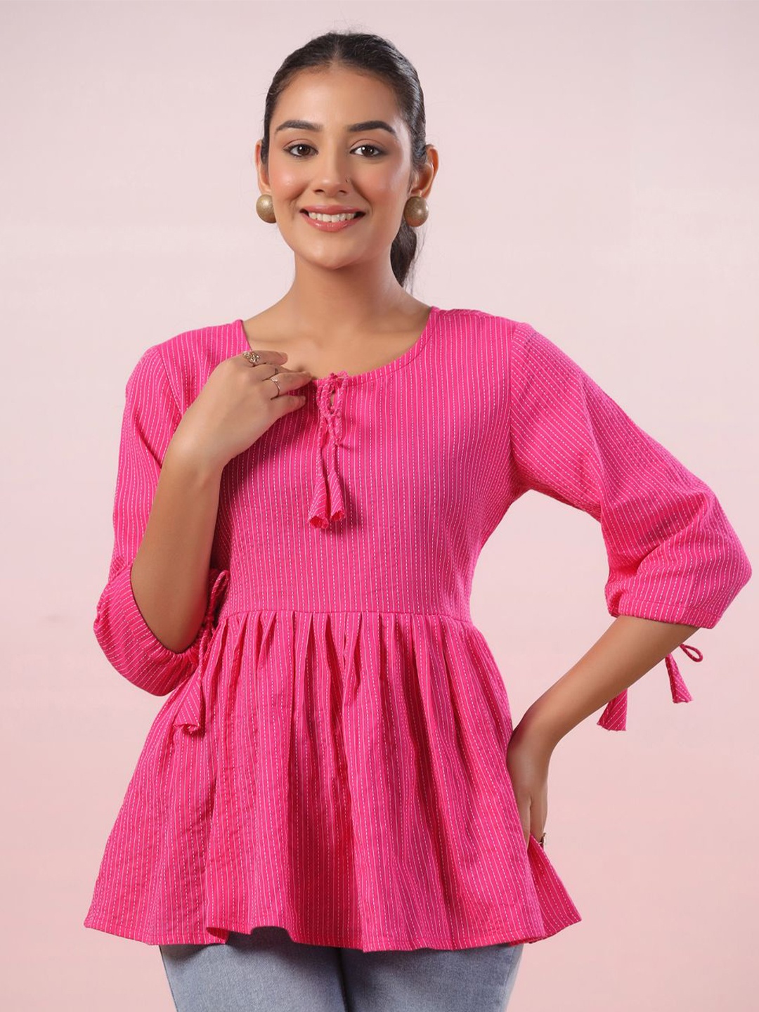 

LYFJ Women Solid Tie-Up Neck Cotton Top, Pink
