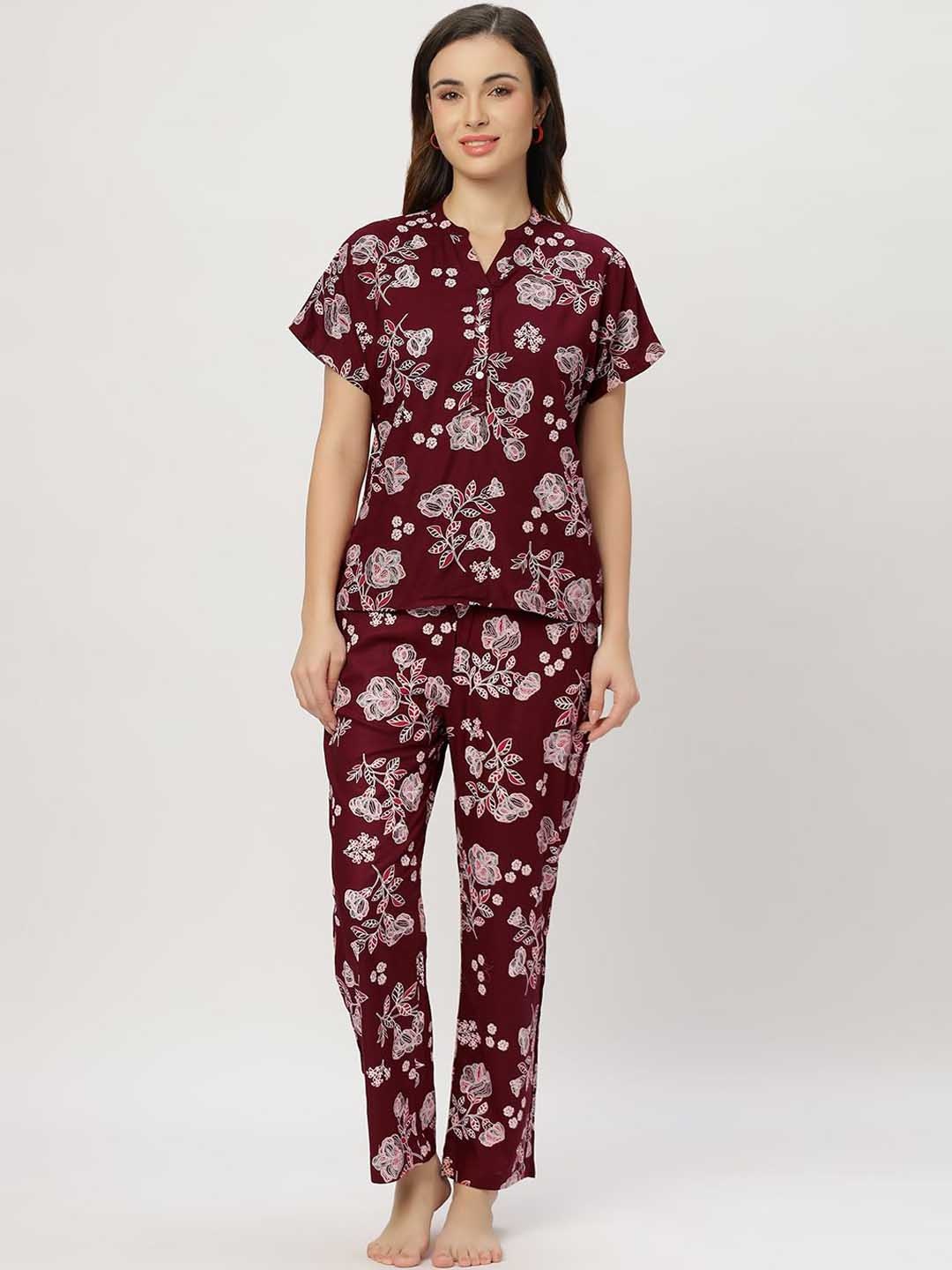 

ETC Women Floral Printed Short Sleeves Night suit, Maroon