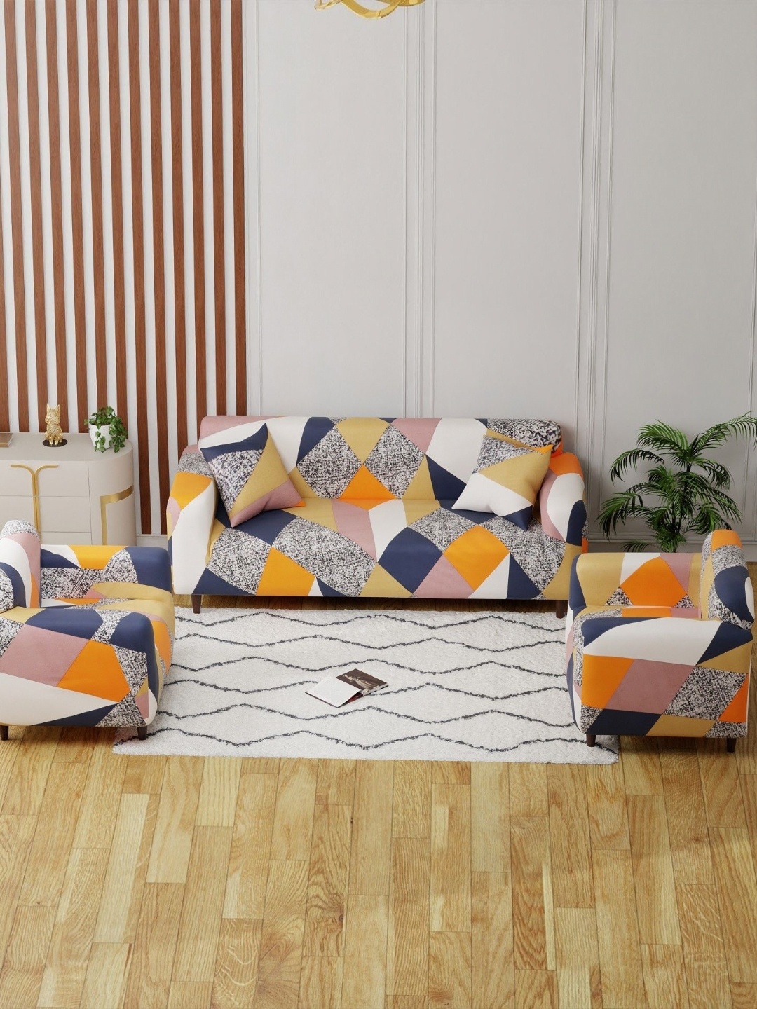 

Aura Pink & Blue Geometric Printed 3 Pieces 5 Seater Sofa Covers With Arms