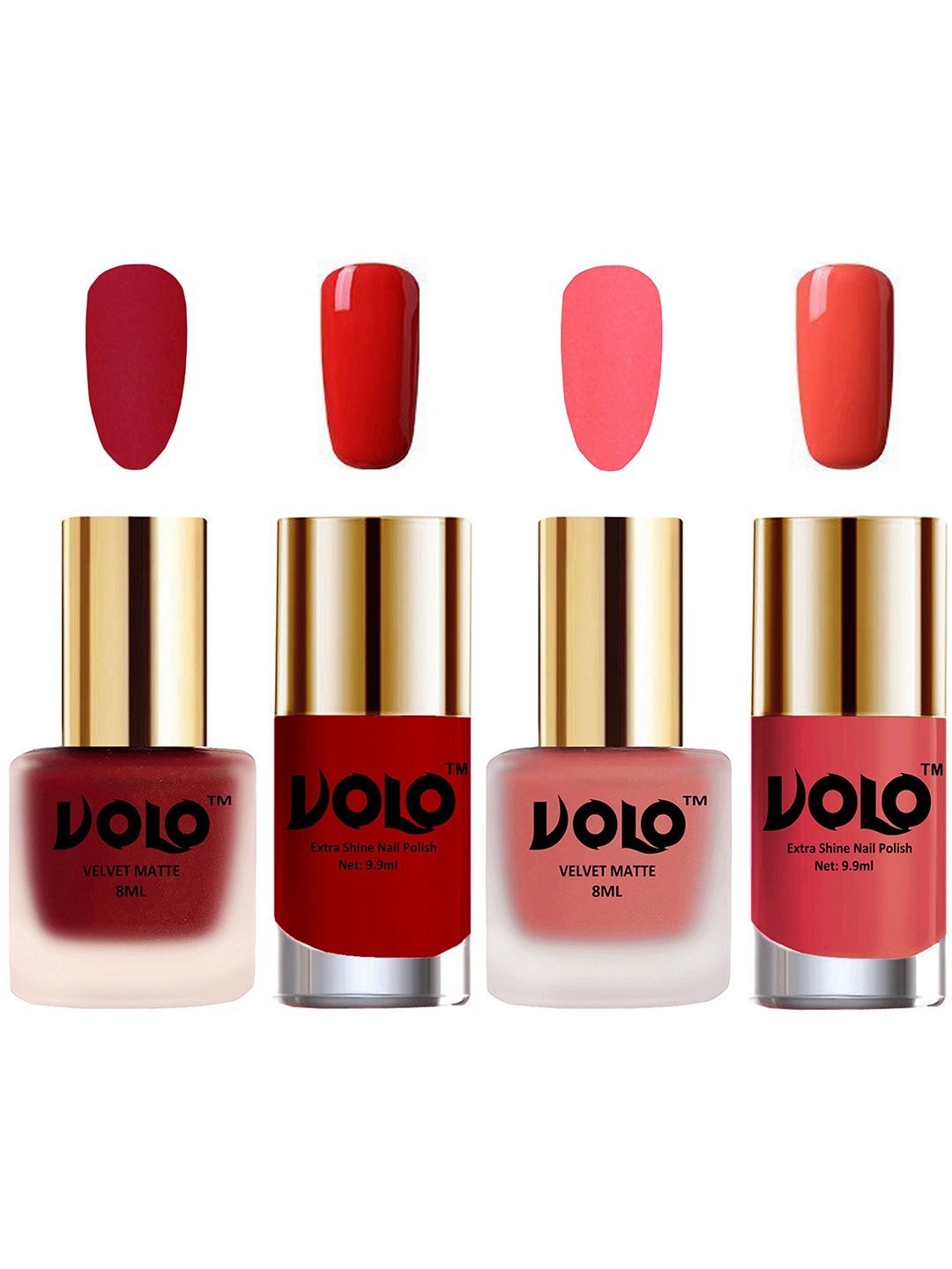 

VOLO Set Of 4 Velvet Matte & Extra Shine Nail Polish - 8 ml Each - 36 - 41 - 38 - 49, Red