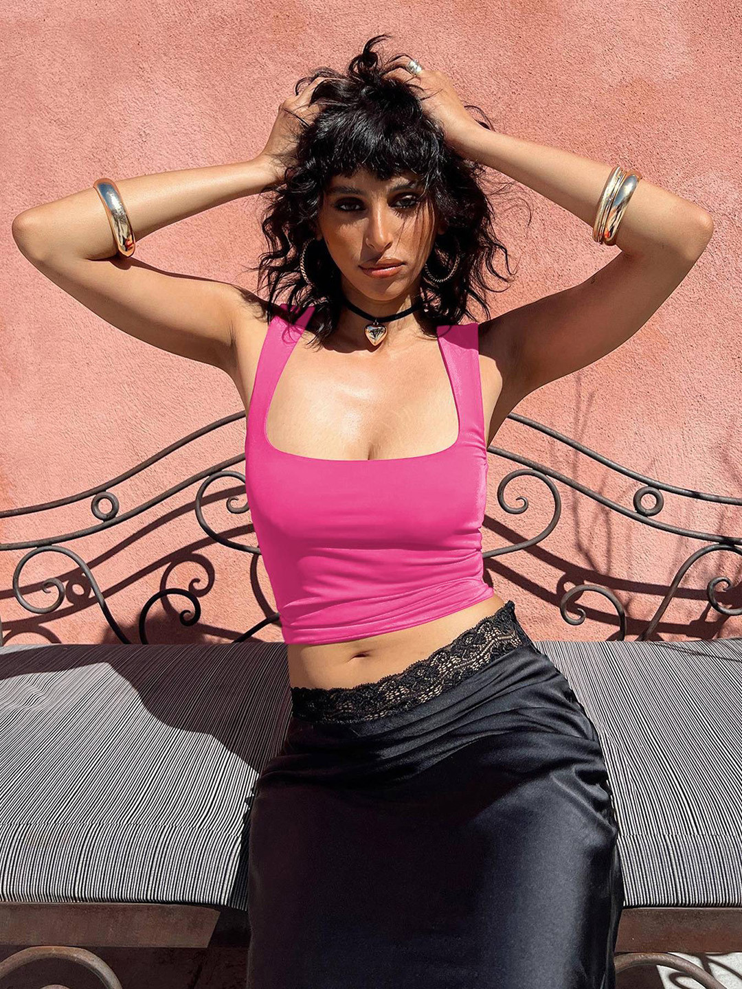 

HERE&NOW Women Solid Scoop Neck Nylon Top, Pink