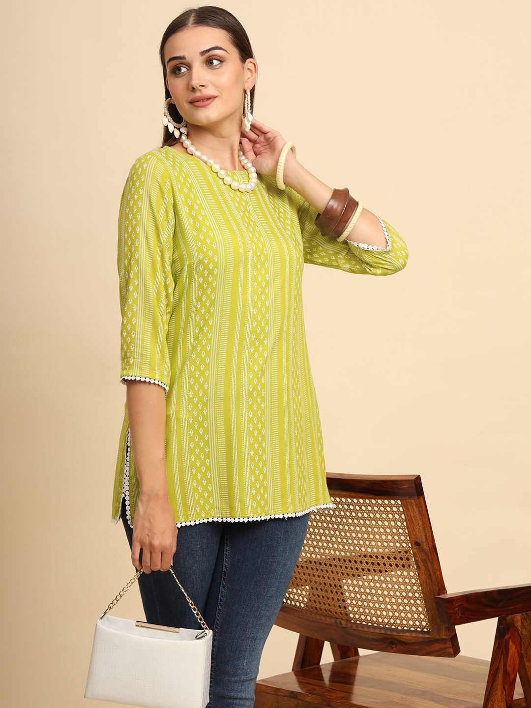 

Anouk Rustic Women Geometric Printed Kurti, Lime green
