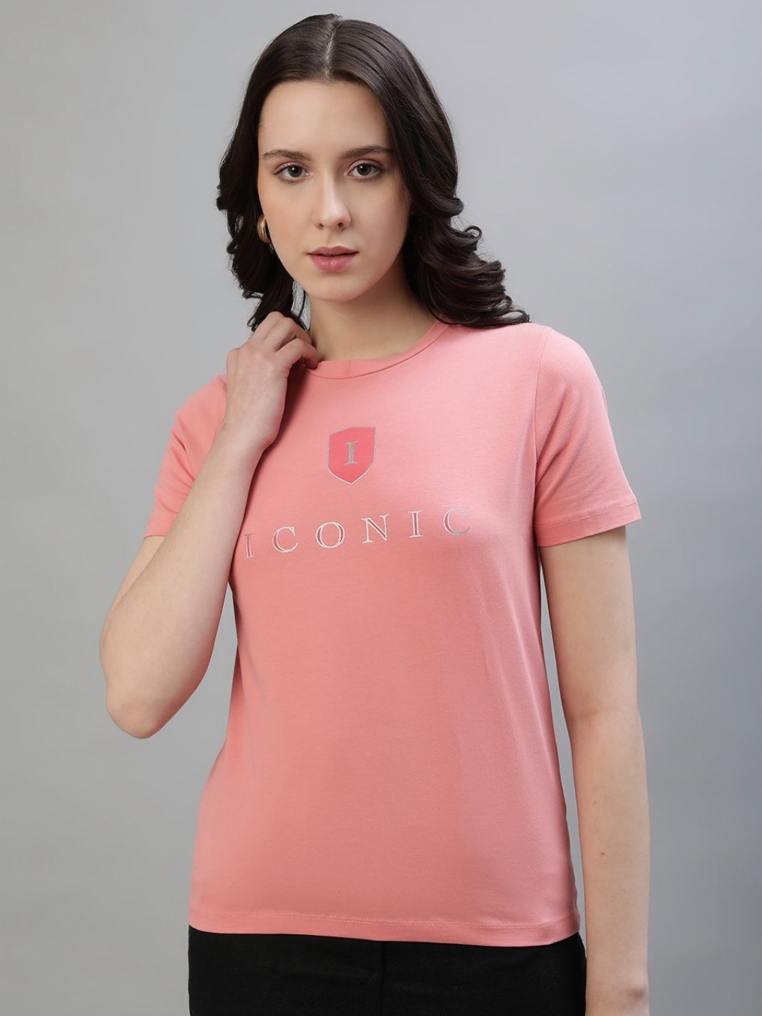 

Iconic Women Typography Printed Round Neck Cotton Slim Fit T-shirt, Pink