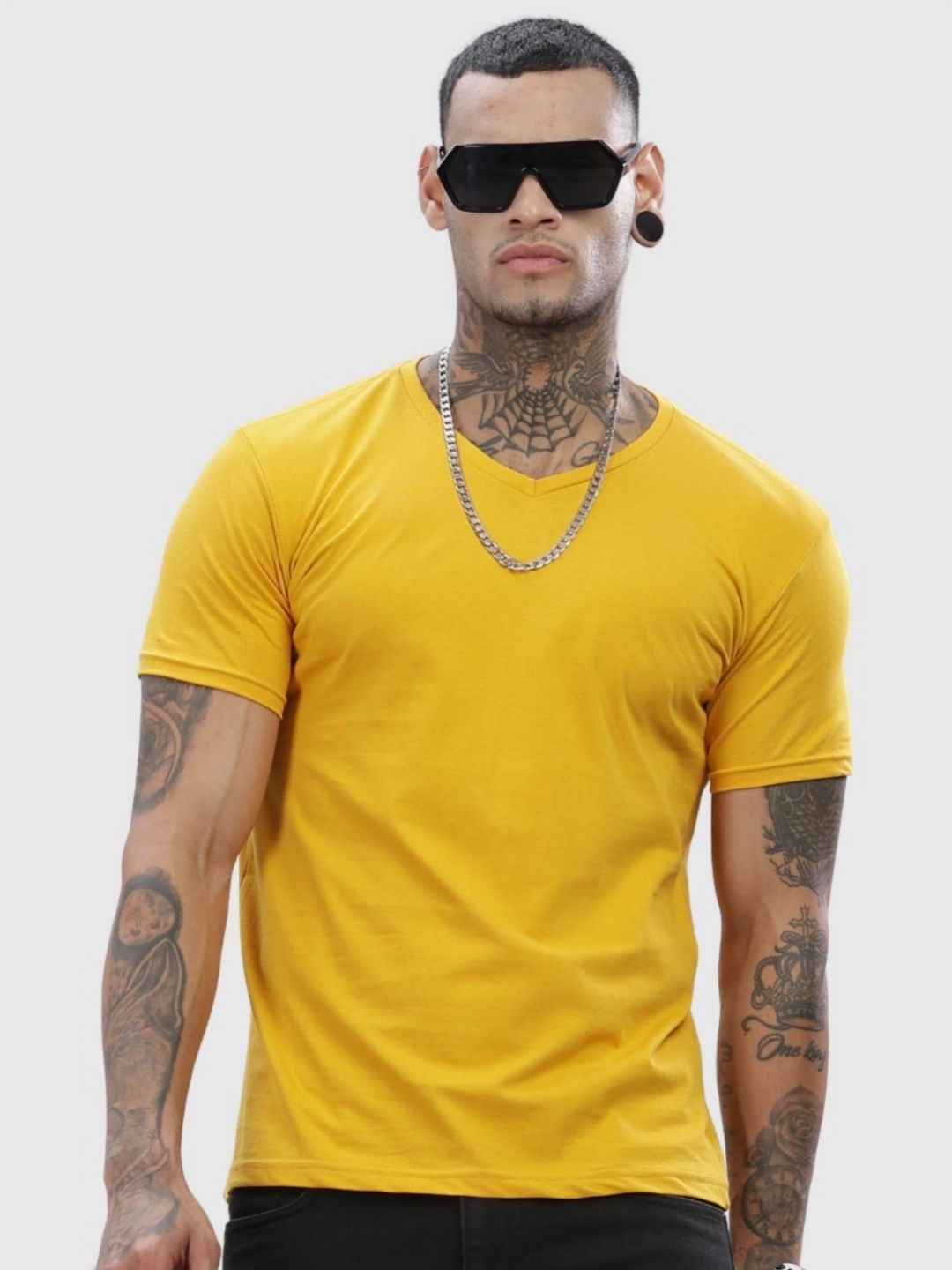 

ADRO Men Solid V-Neck Cotton T-shirt, Mustard