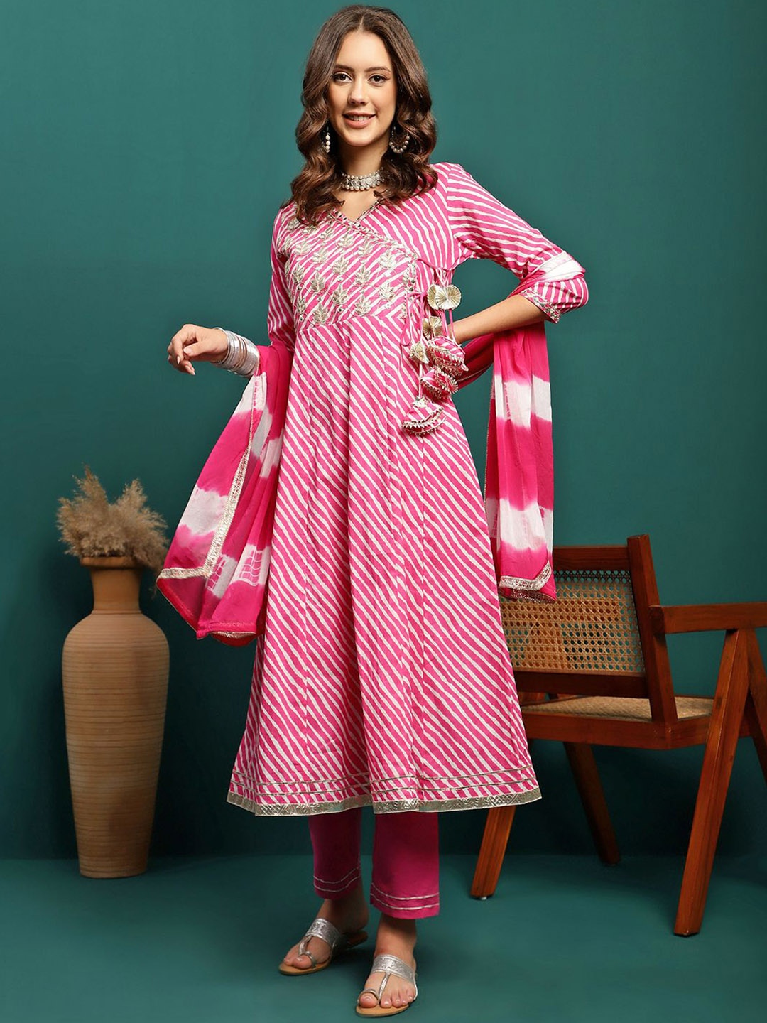 

BANDIA Women Bandhani Embroidered Angrakha Pure Cotton Kurta with Trousers & Dupatta, Fuchsia