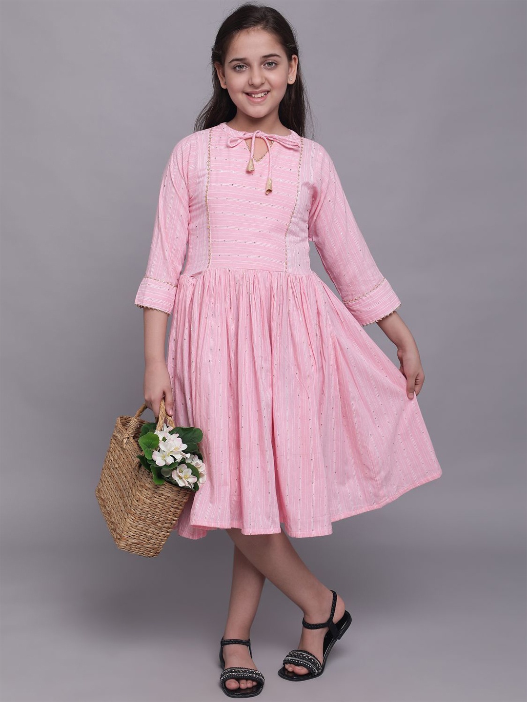 

White World Girls Striped Striped Keyhole Neck Fit & Flare Midi Dress, Pink