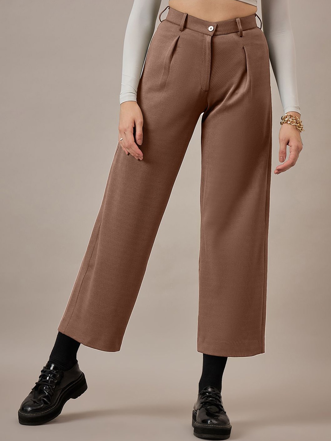 

The Roadster Lifestyle Co Women Front Pleated Korean Pants, Brown