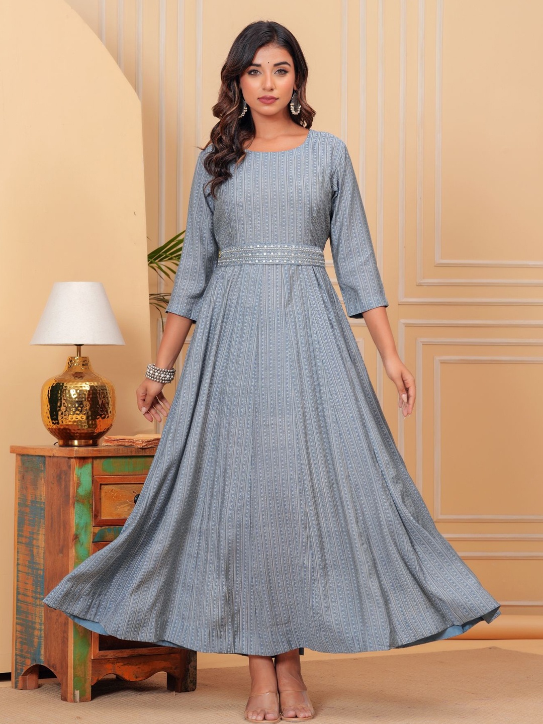 

KALINI Embroidered Pure Cotton Maxi Ethnic Dress, Grey