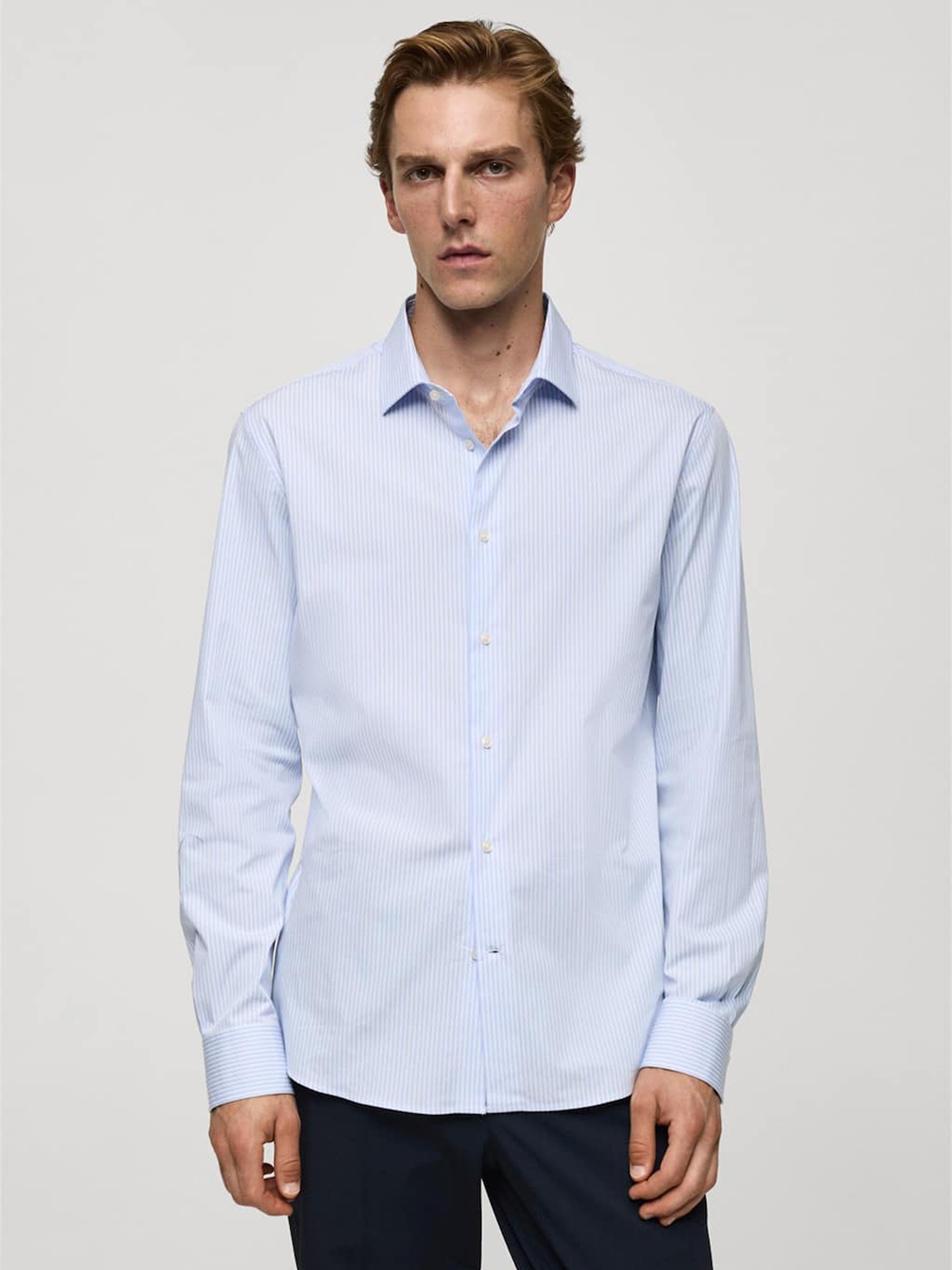 

MANGO MAN Slim Fit Pinstripes Casual Shirt, Blue
