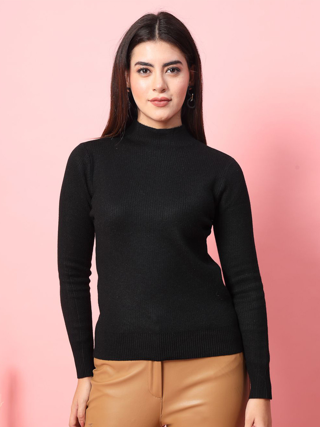 

Mafadeny Women Winter Wear Solid High Neck Fitted Top, Black