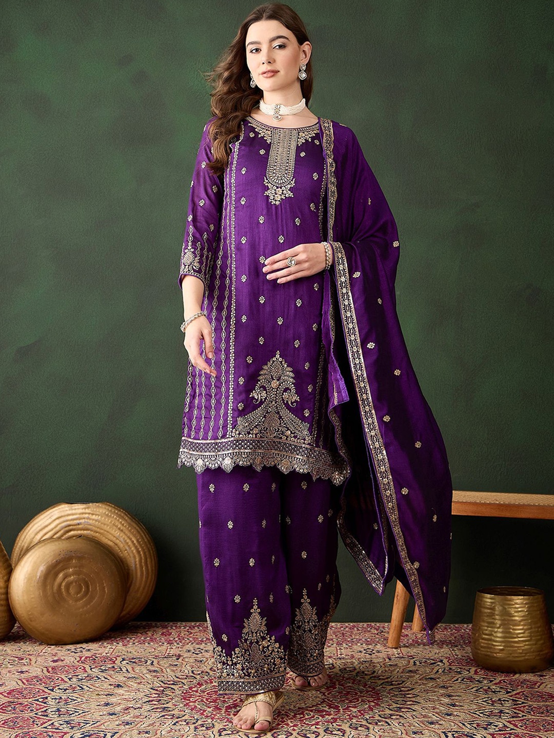

Miss Ethnik Women Ethnic Motifs Embroidered Thread Work Kurta with Palazzos & Dupatta, Purple