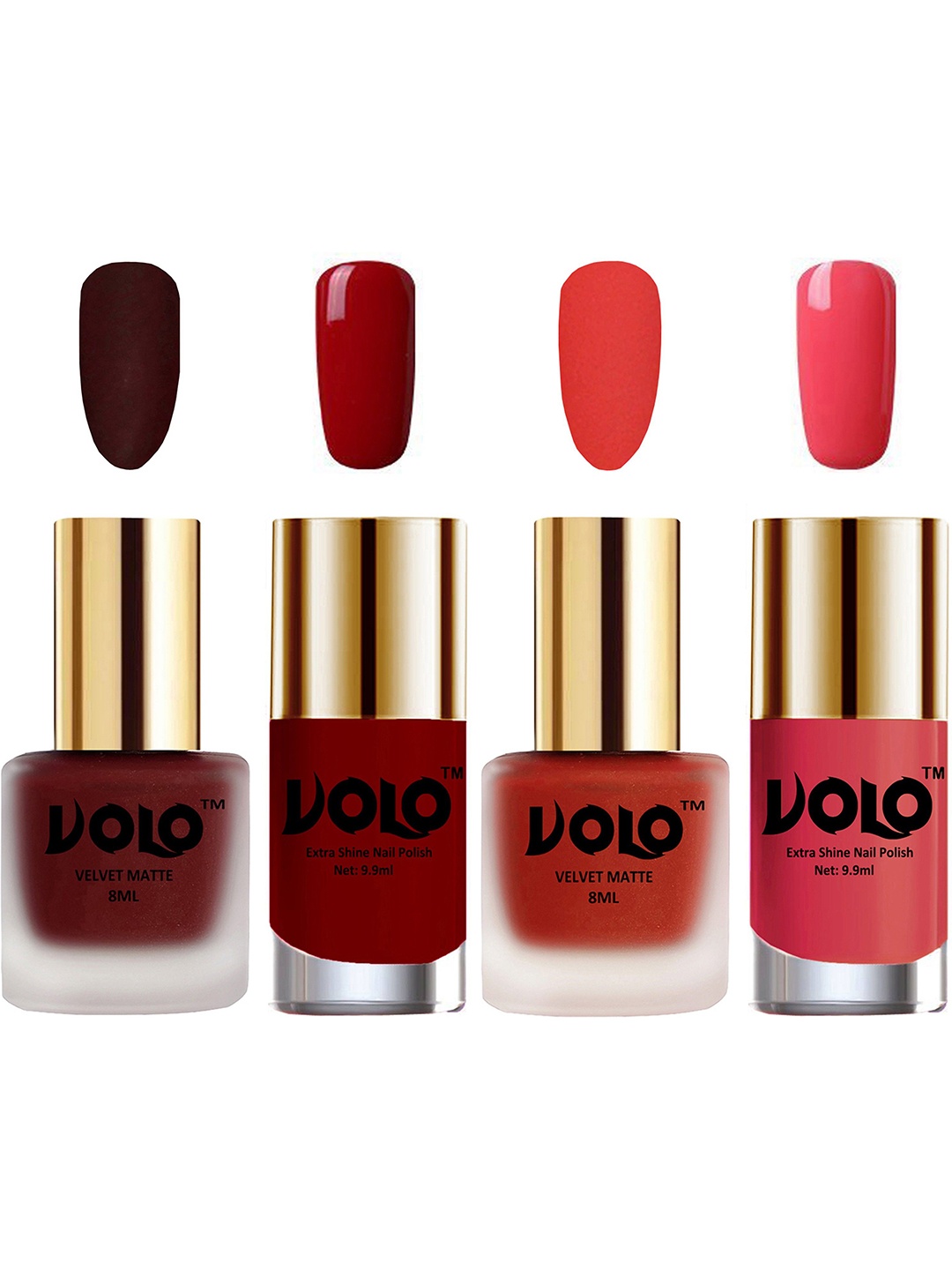 

VOLO Set Of 4 Velvet Matte & Extra Shine Nail Polish - 8 ml Each - 23 - 44 - 31 - 56, Coral