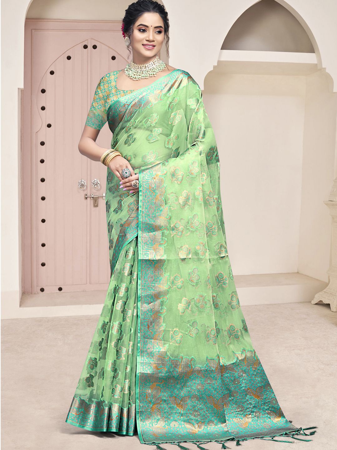 

SANGAM PRINTS Sea Green ORGANZA Woven Work Festival Saree