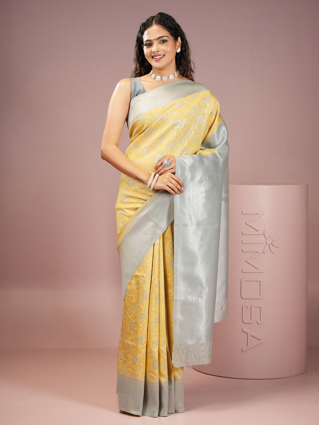 

MIMOSA Floral Zari Art Silk Kanjeevaram Saree, Yellow